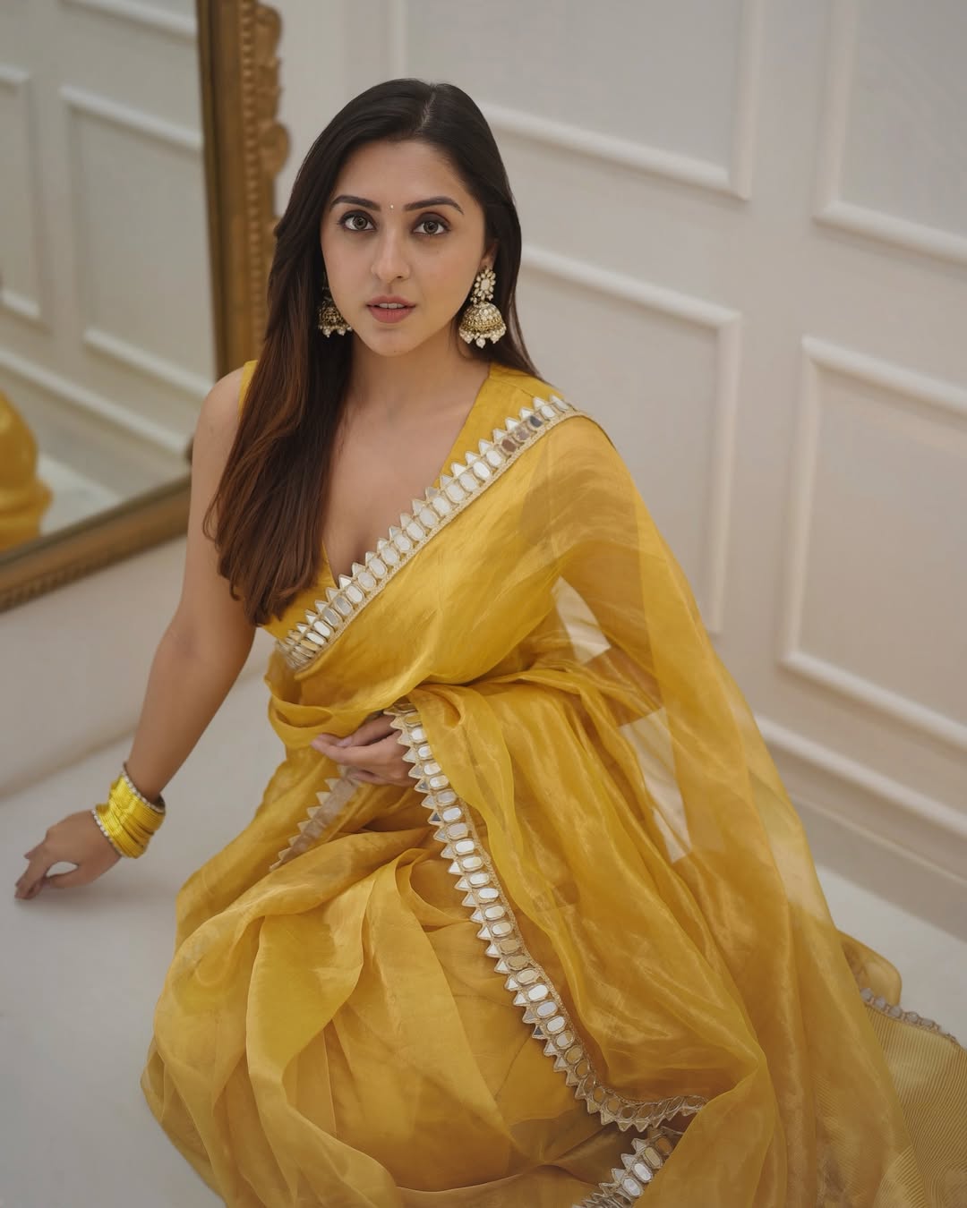 Golden Grace Sunstone Mirror Work Designer Tissue Silk Saree