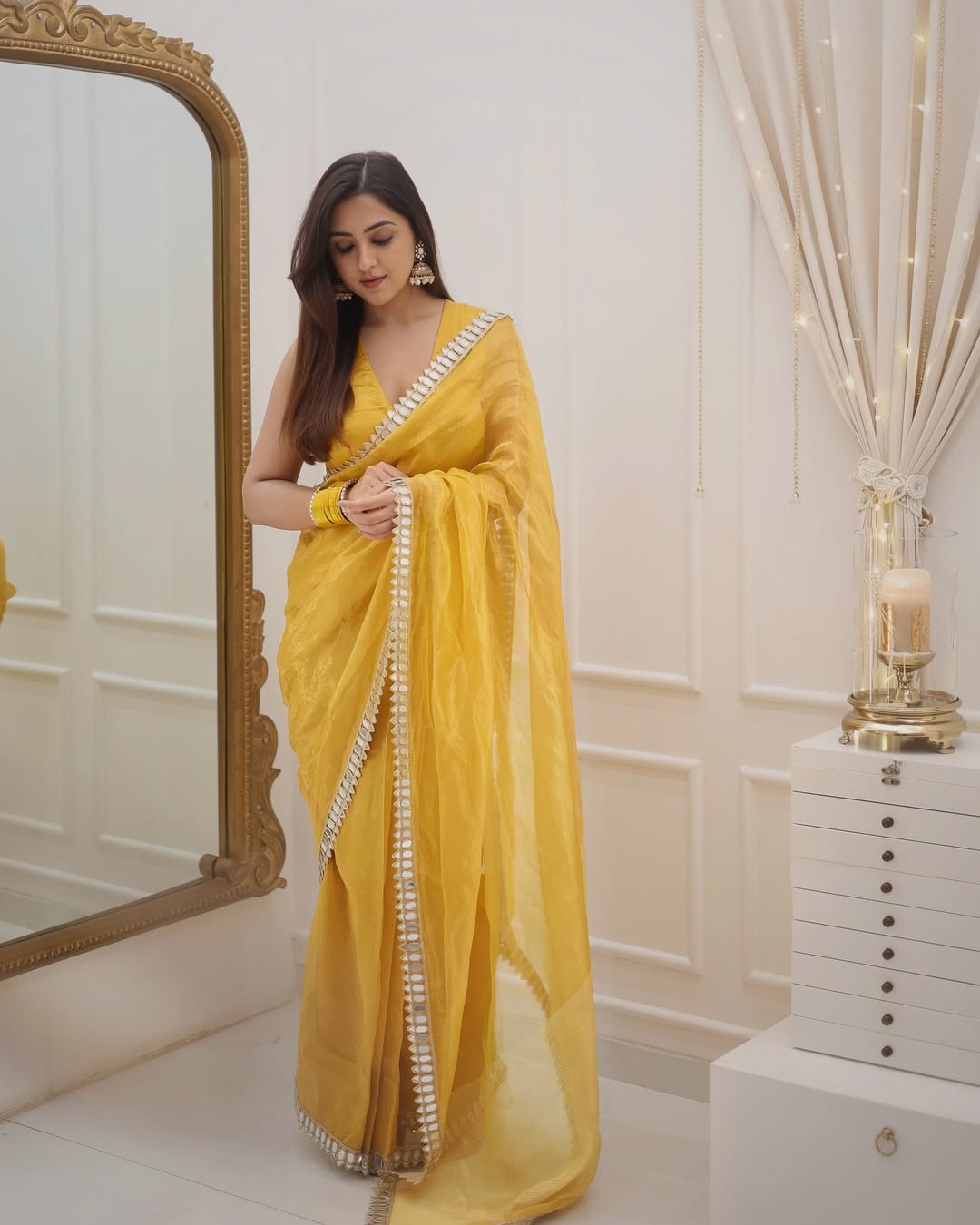 Golden Grace Sunstone Mirror Work Designer Tissue Silk Saree