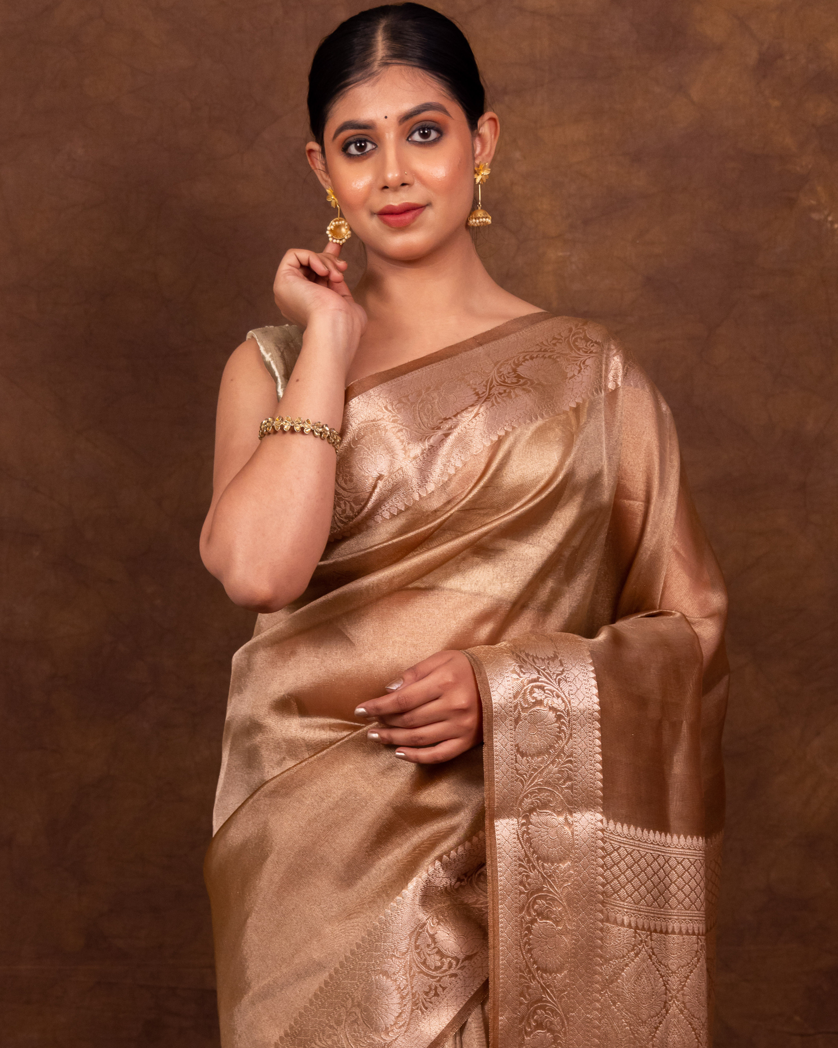 Coffee Brown Banarasi Authentic Soft Tissue Silk Saree with Rich Pallu Woven Design