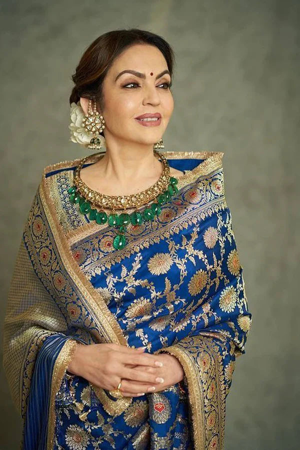 Nita Ambani Royal Blue Banarasi Handloom Pure Katan Silk Saree