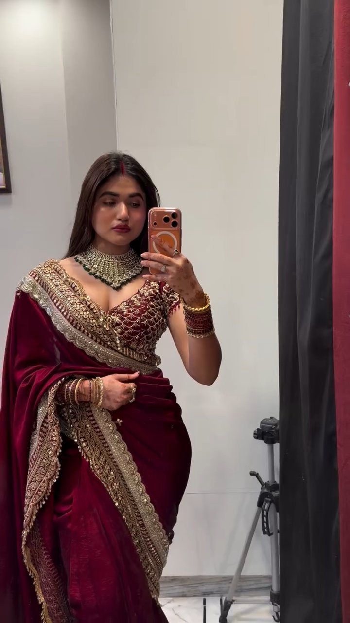 Luxury Maroon Embroidered Saree with Heavy Designer Blouse