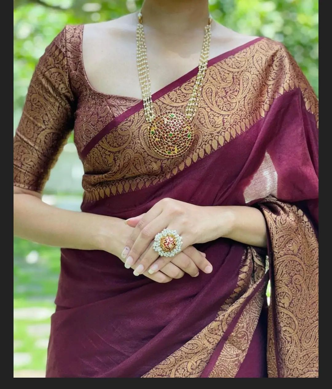 Maroon Red Banarasi Woven Soft Saree with Antique Zari Border & Pallu