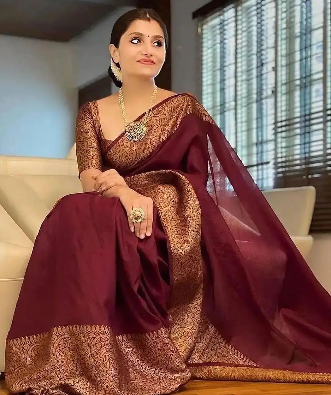 Maroon Red Banarasi Woven Soft Saree with Antique Zari Border & Pallu