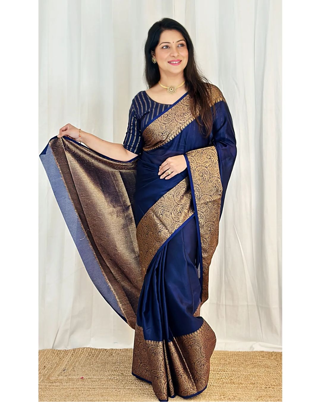 Navy Blue Banarasi Woven Soft Saree with Antique Zari Border & Pallu