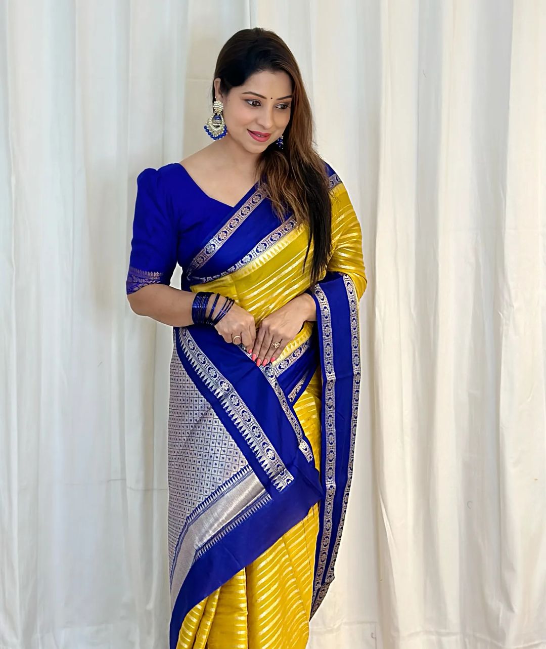 Gold with Navy Banarasi Soft Katan Georgette Saree | Soft & Versatile