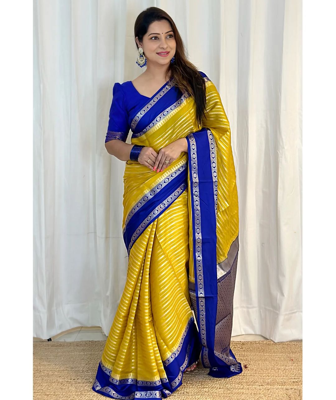 Gold with Navy Banarasi Soft Katan Georgette Saree | Soft & Versatile