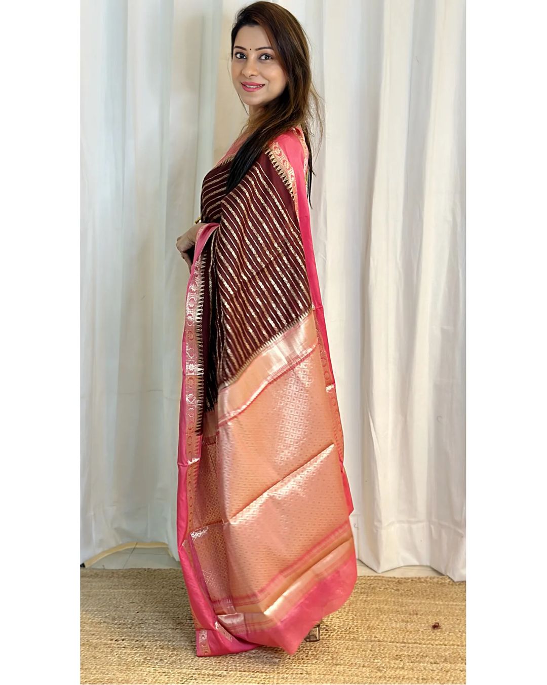Brown with Peach Banarasi Soft Katan Georgette Saree | Soft & Versatile