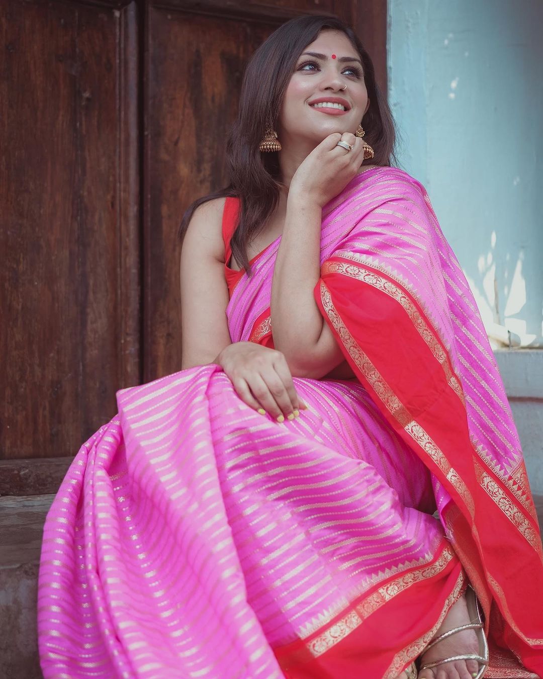 Baby Pink with Red Banarasi Soft Katan Georgette Saree | Soft & Versatile