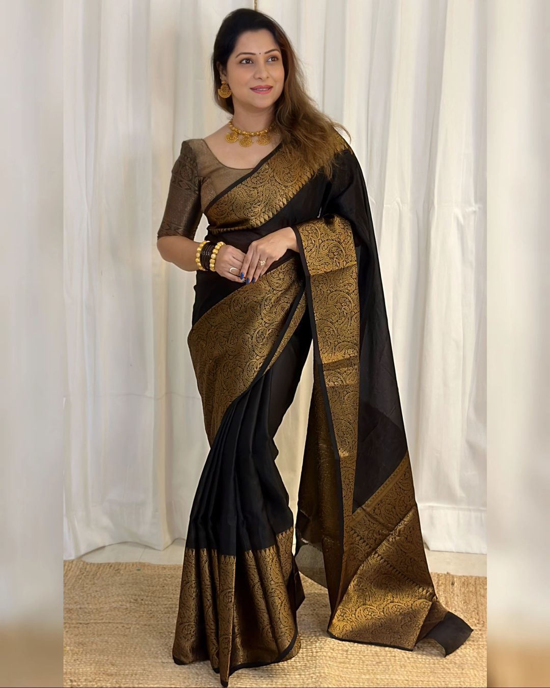Deep Black Banarasi Woven Soft Saree with Antique Zari Border & Pallu
