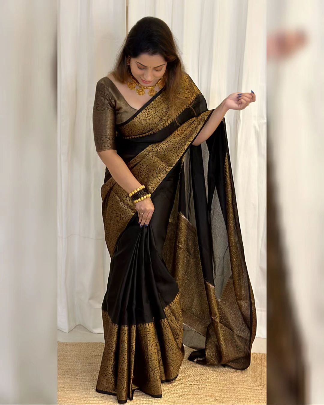 Deep Black Banarasi Woven Soft Saree with Antique Zari Border & Pallu