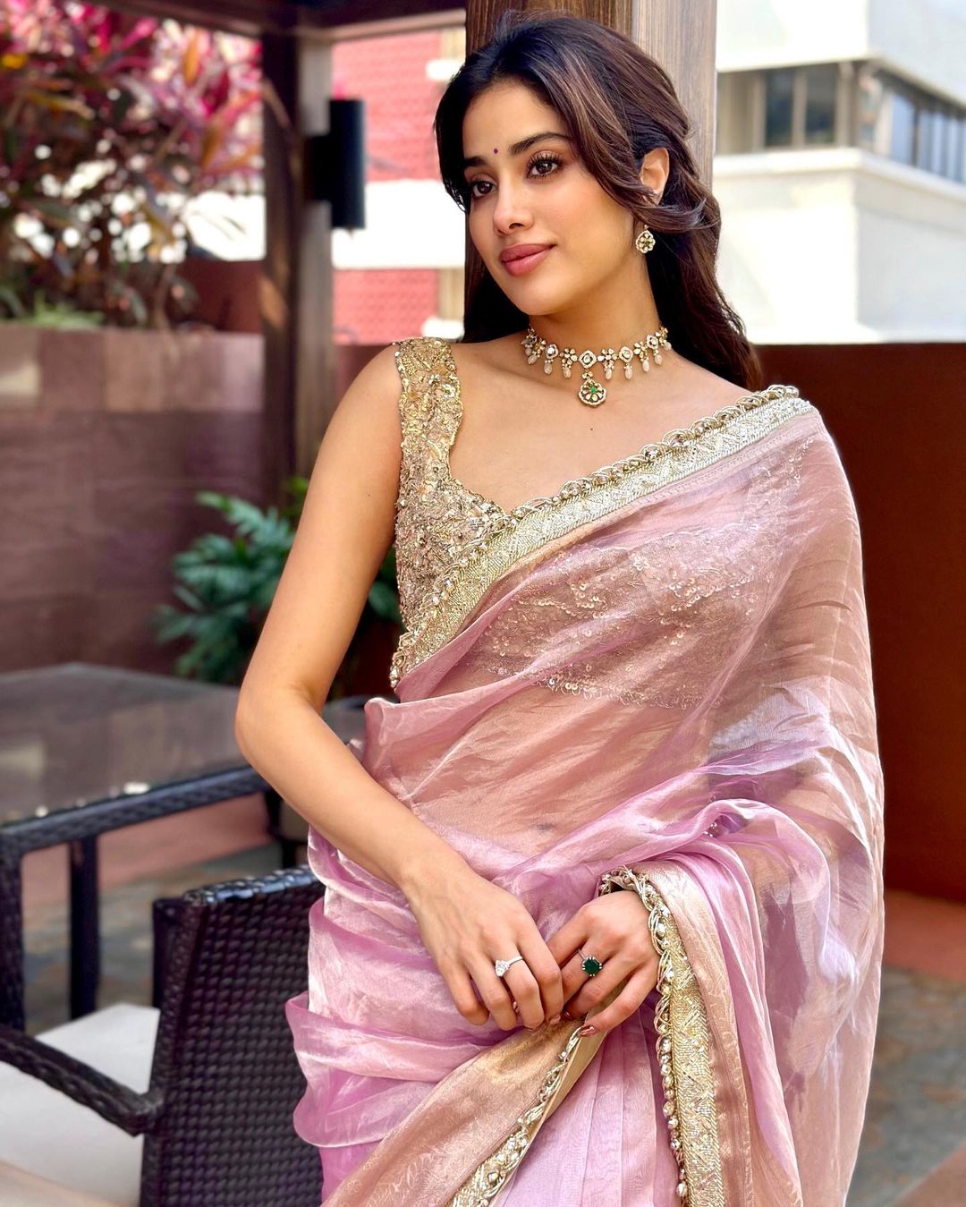 Janhvi Kapoor Inspired Baby Pink Soft Tissue Silk Saree with Handmade Cutwork Laces
