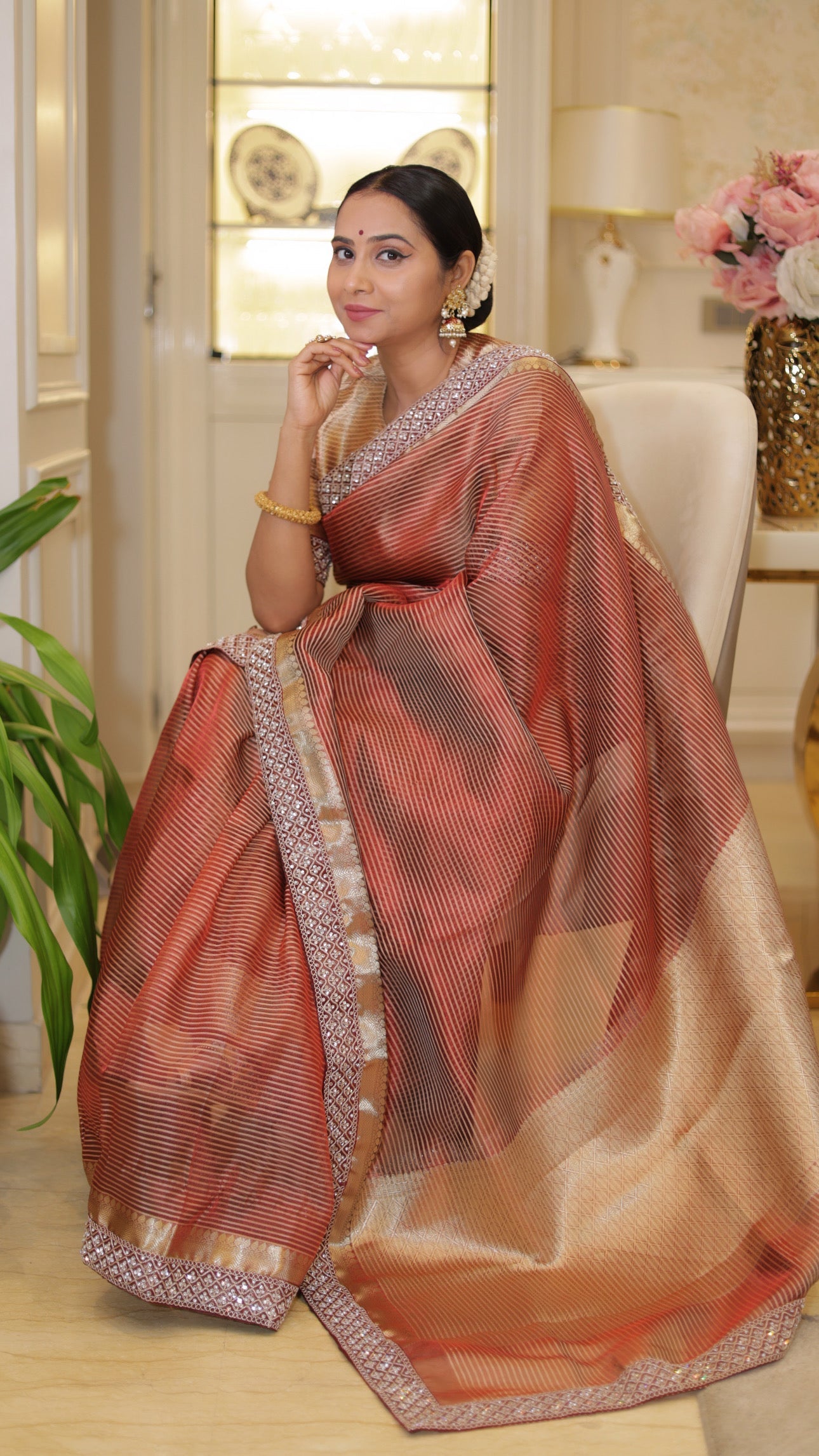 Celebrity-Inspired Wine Red Stripe Tissue Silk Saree with Stone Zardozi Work