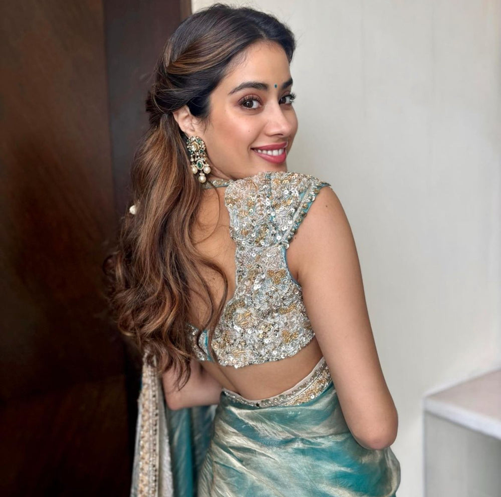 Janhvi Kapoor Inspired Aqua Blue Soft Tissue Silk Saree with Handmade Cutwork Laces