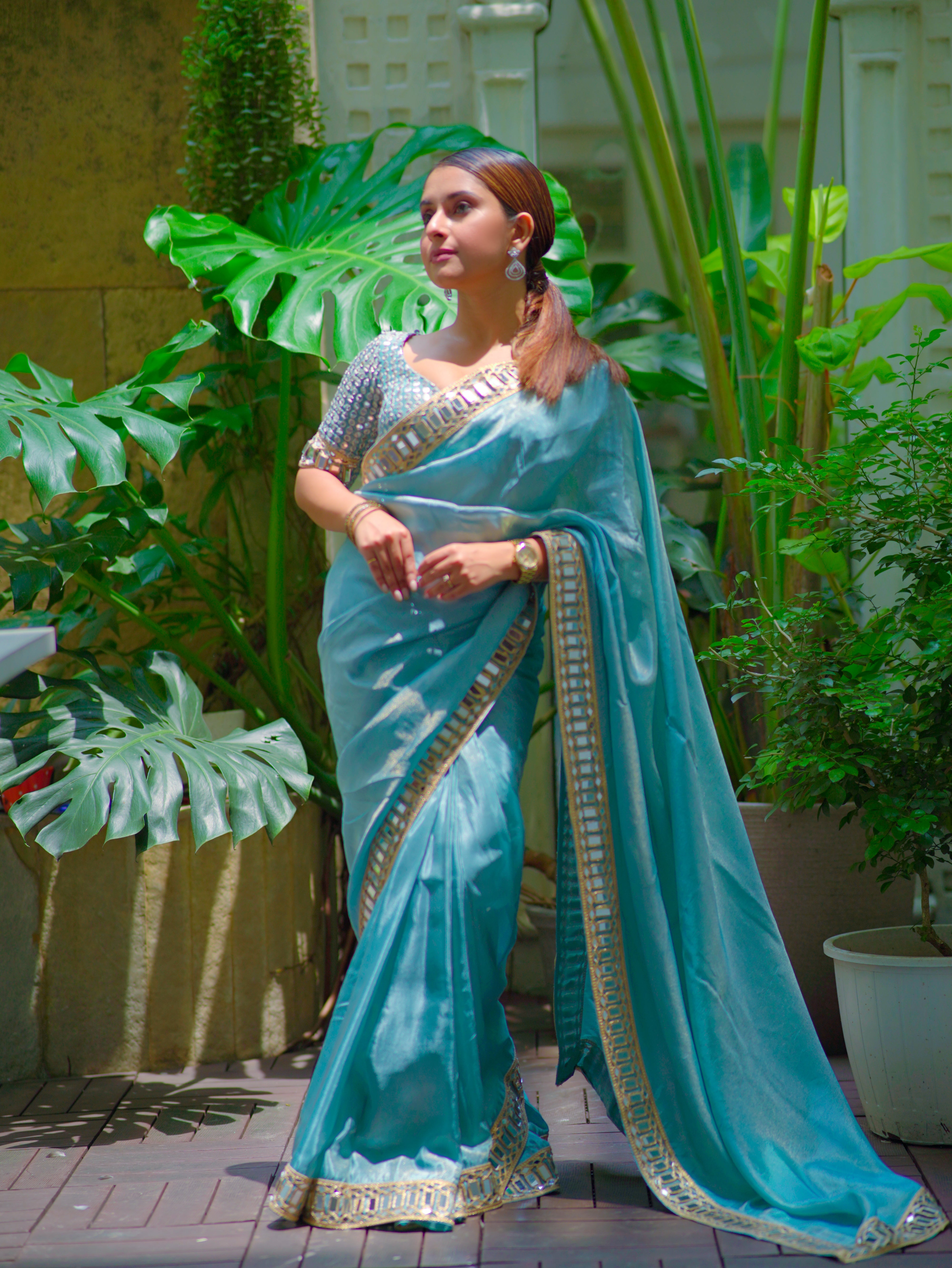 Pacific Blue Designer Mirror Work Pure Tissue Silk Saree | Special Edition