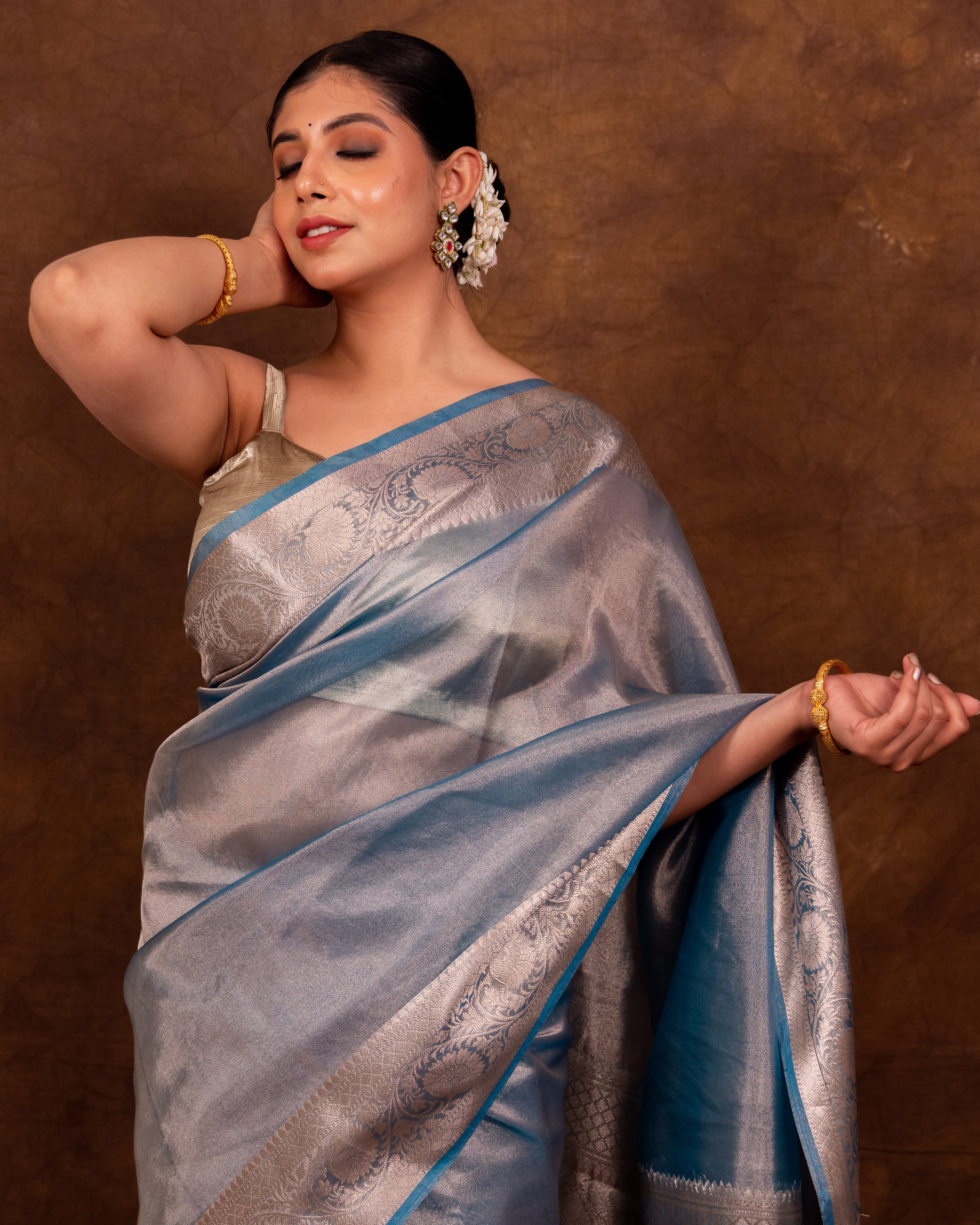 Firozi Blue Banarasi Authentic Soft Tissue Silk Saree with Rich Pallu Woven Design