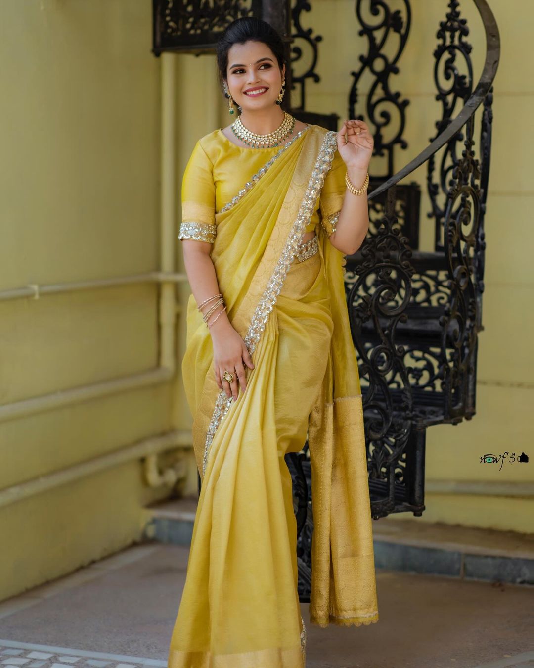 Modern Mirror Work Banarasi Crush Tissue Saree with Handmade Mirror Cutwork Laces