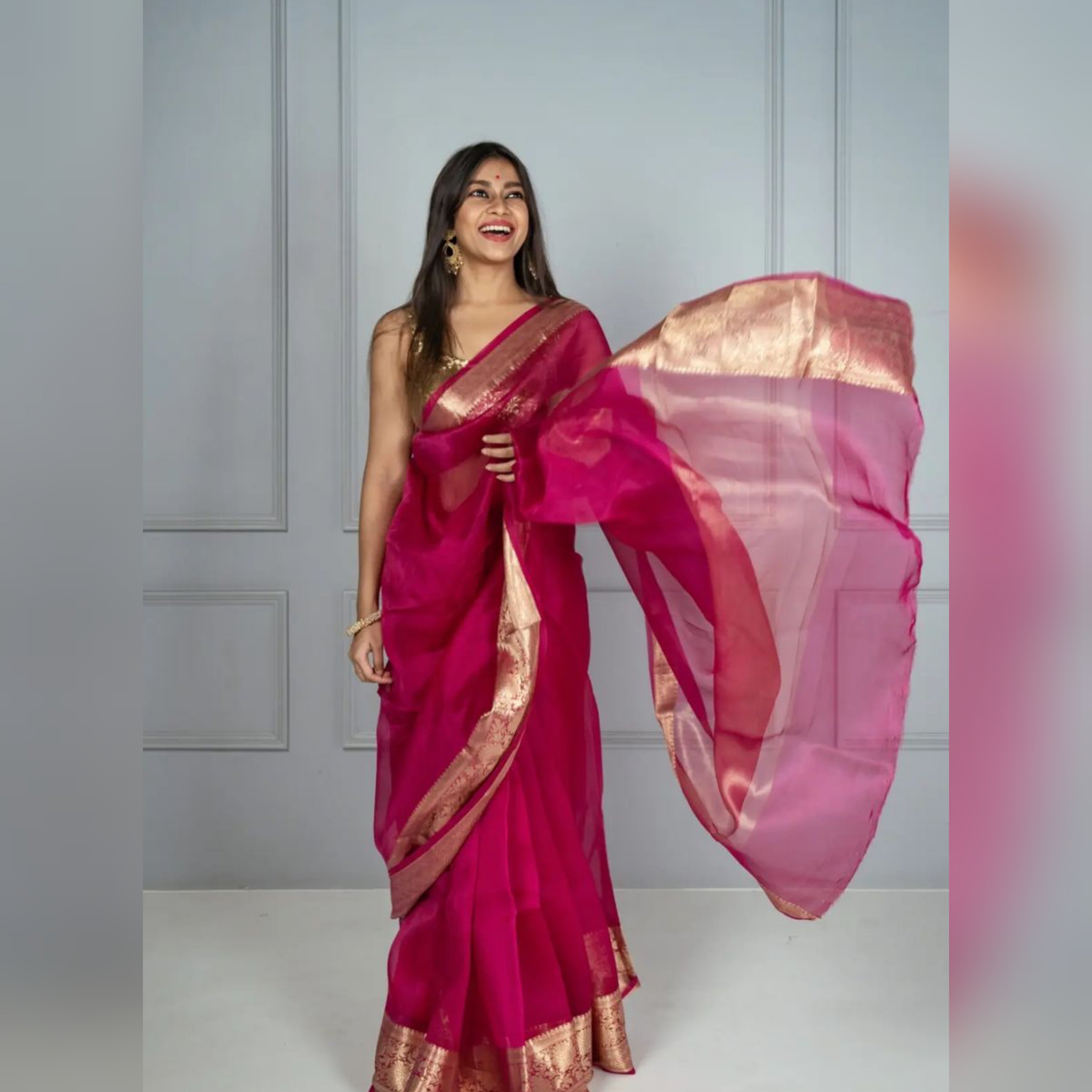 Rani Pink Banarasi Woven Soft Organza Saree | Body Hugging Easy To Pleat Saree