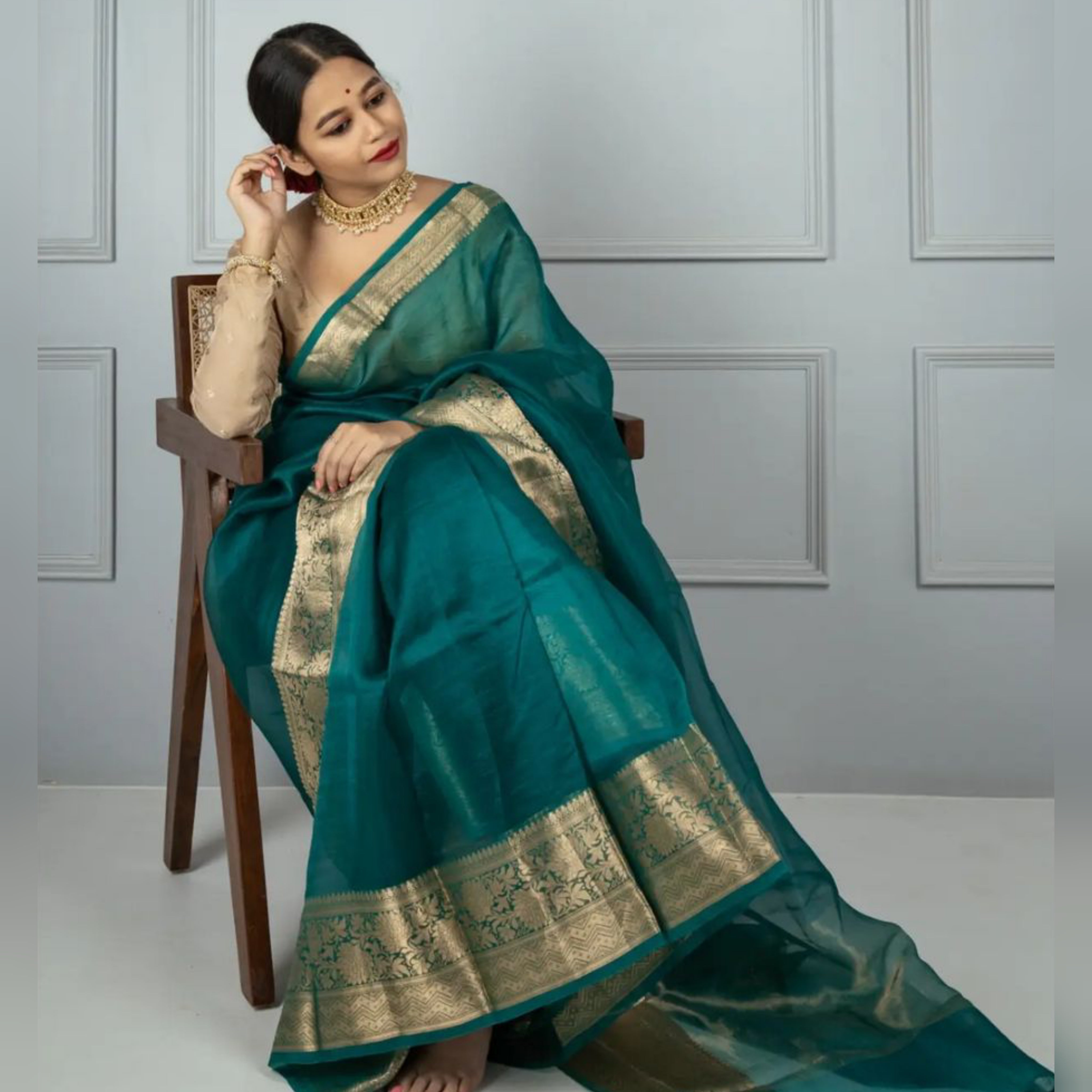 Bottle Green Banarasi Woven Skirt Border Soft Organza Saree