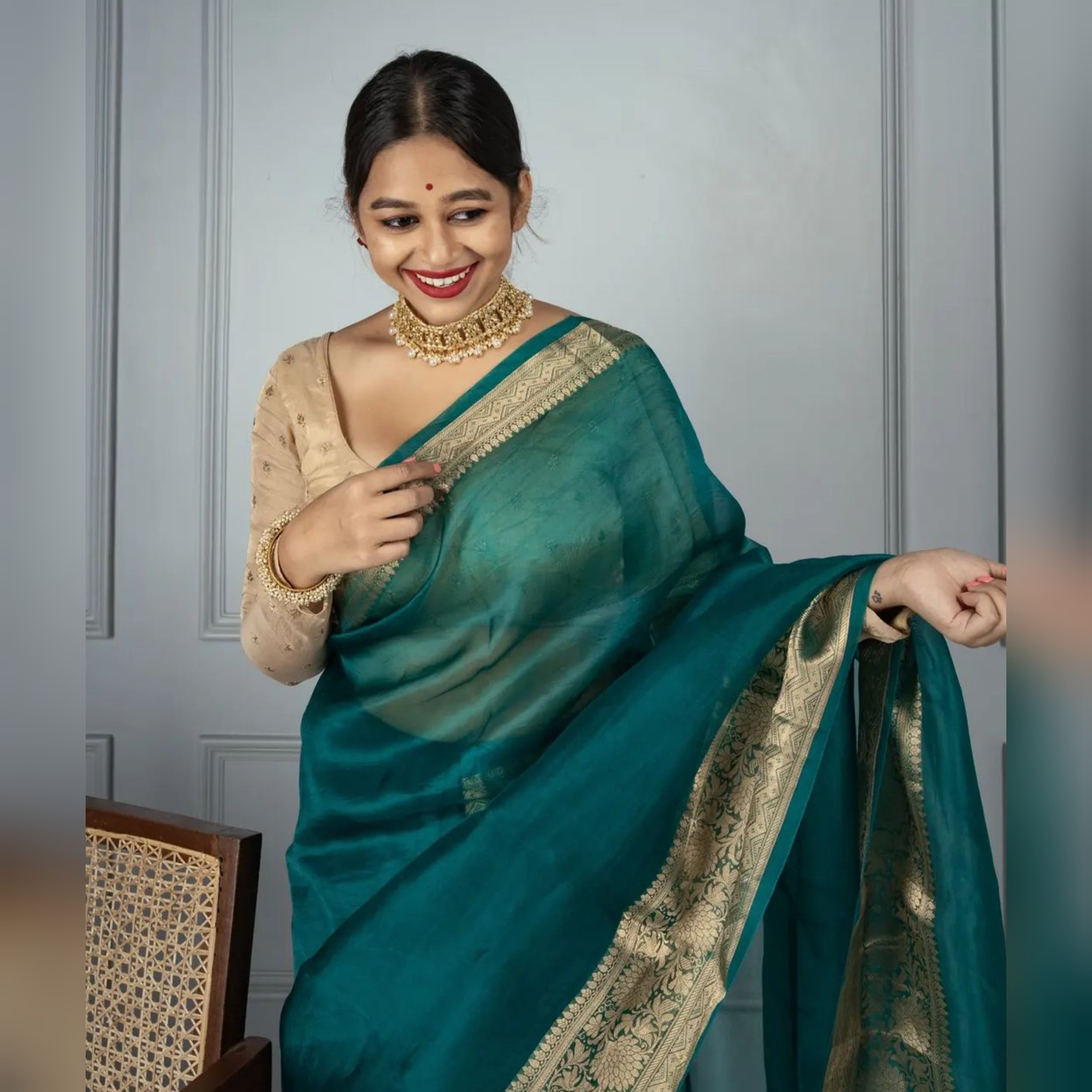Bottle Green Banarasi Woven Skirt Border Soft Organza Saree