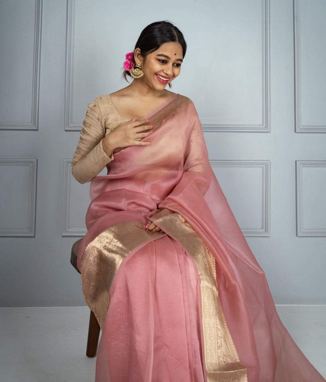 Peach Pink Banarasi Woven Skirt Border Soft Organza Saree | From The Weavers Of Banaras
