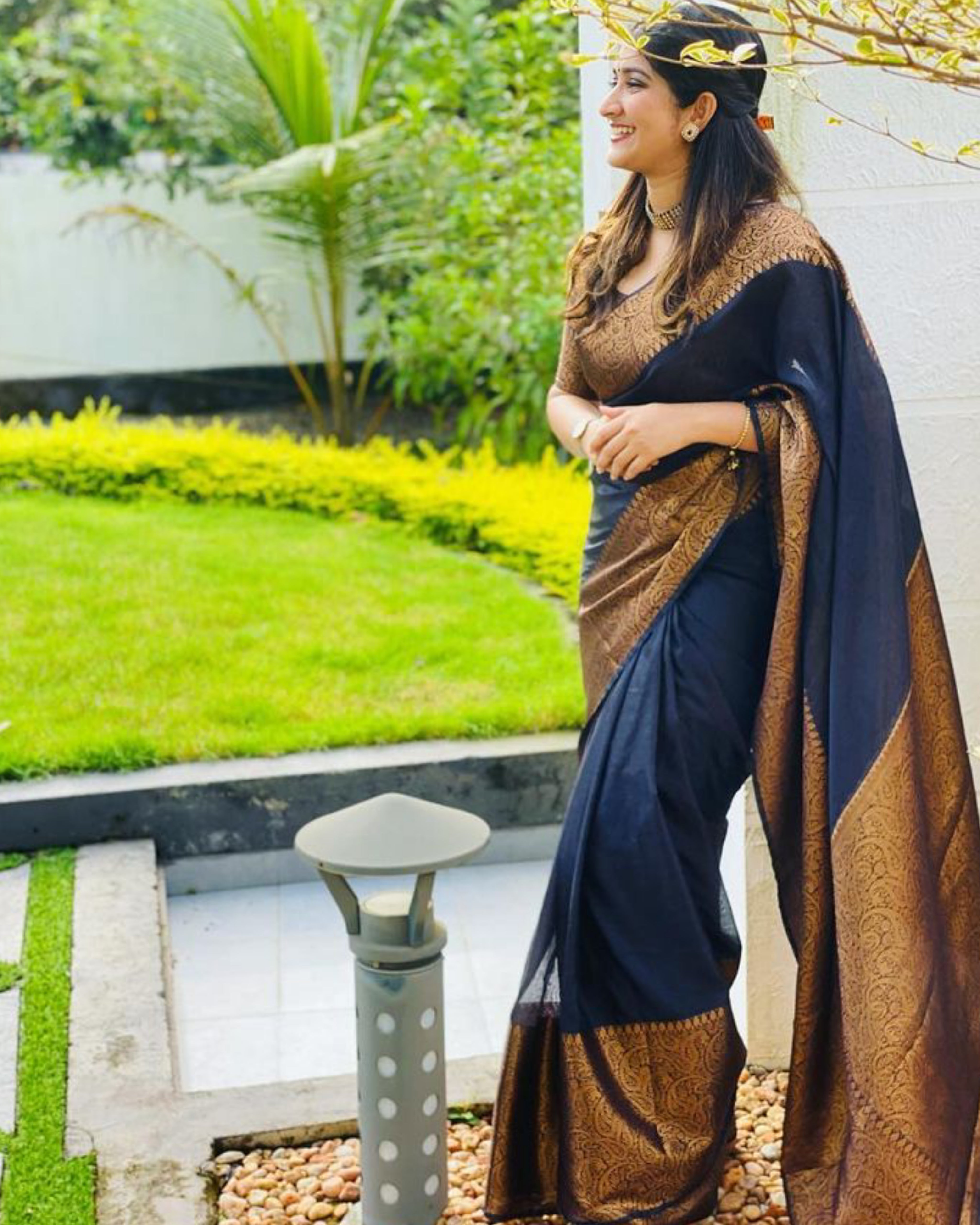 Indigo Blue Banarasi Woven Soft Saree with Antique Zari Border & Pallu