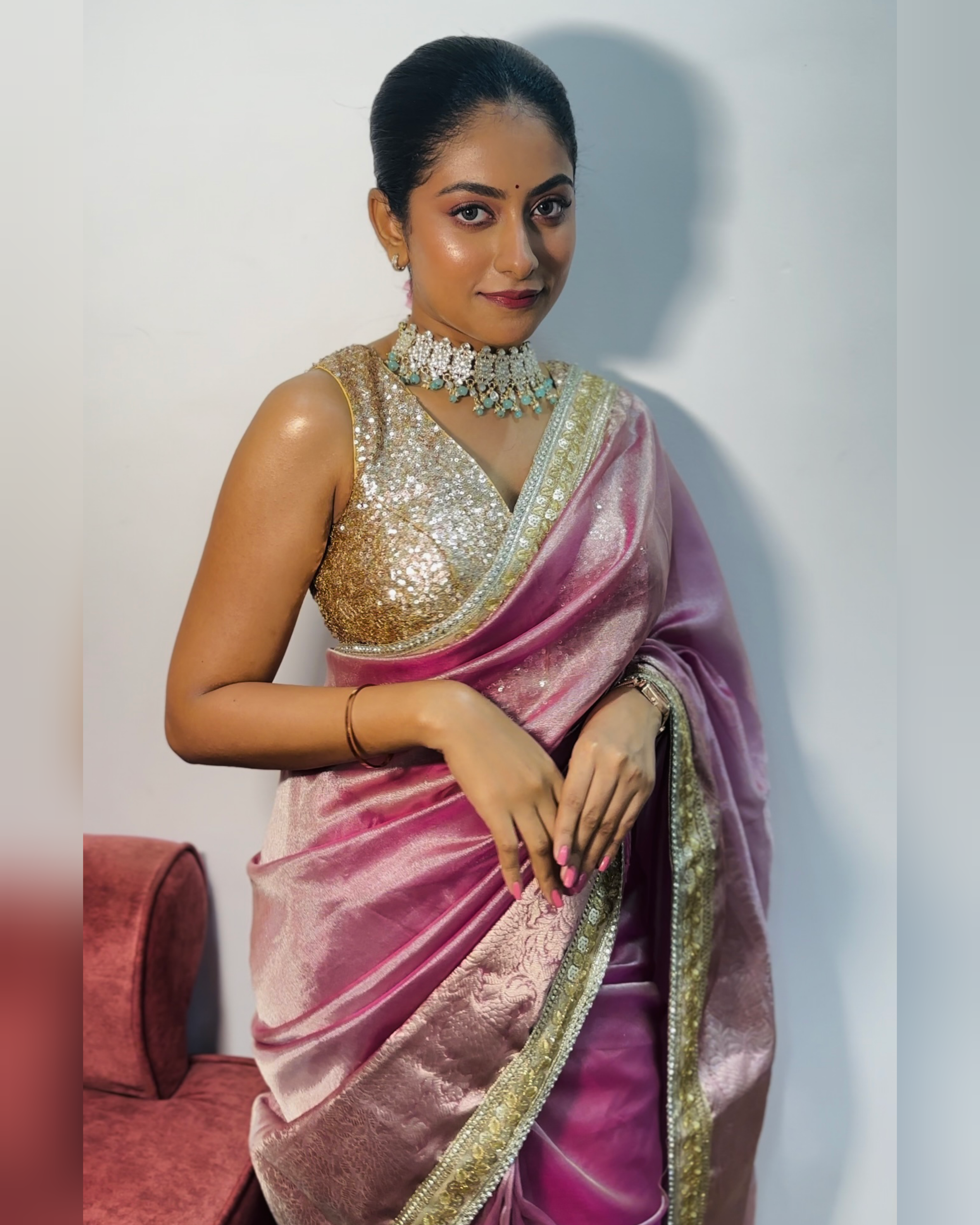 Baby Pink Designer Tissue Silk Saree with Hand Zardozi Work