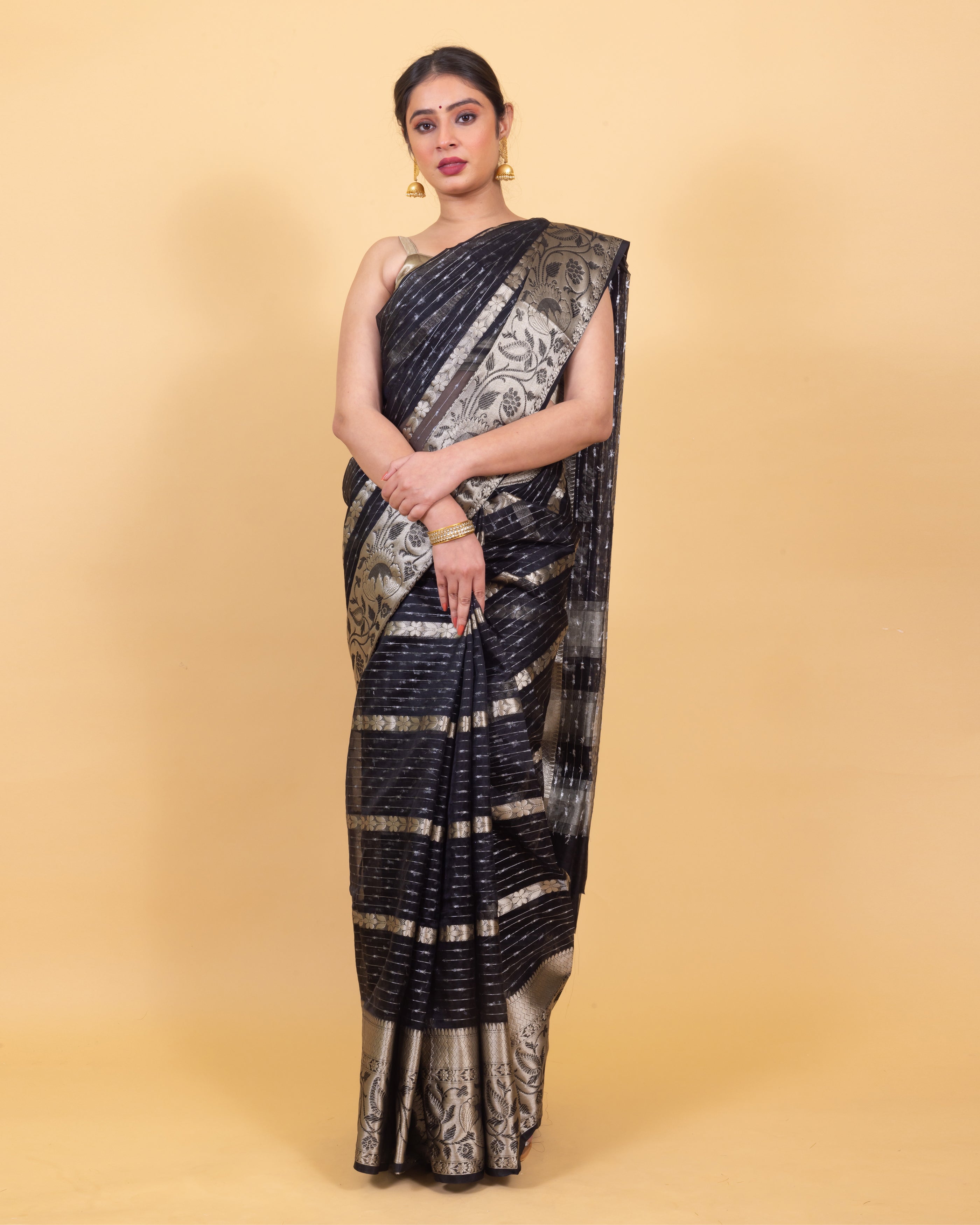 Midnight Black Banarasi Organza Stripe Pattern Saree | Soft & Elegant