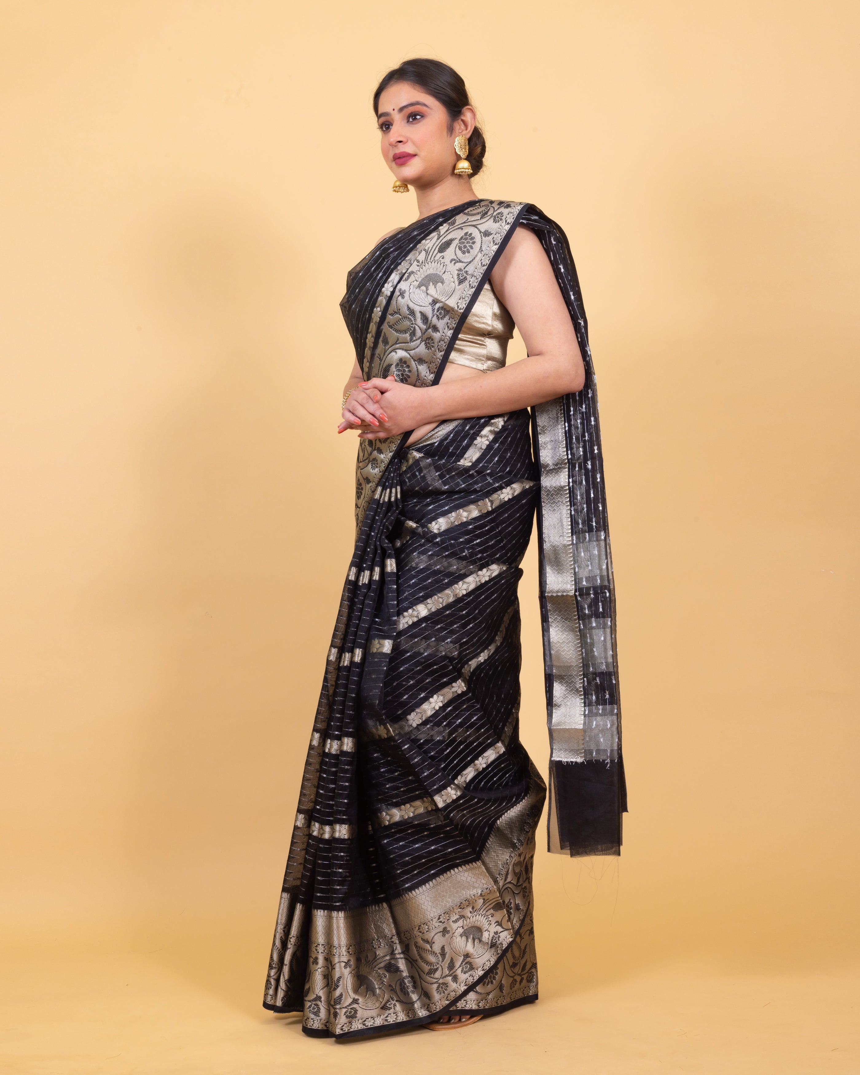 Midnight Black Banarasi Organza Stripe Pattern Saree | Soft & Elegant
