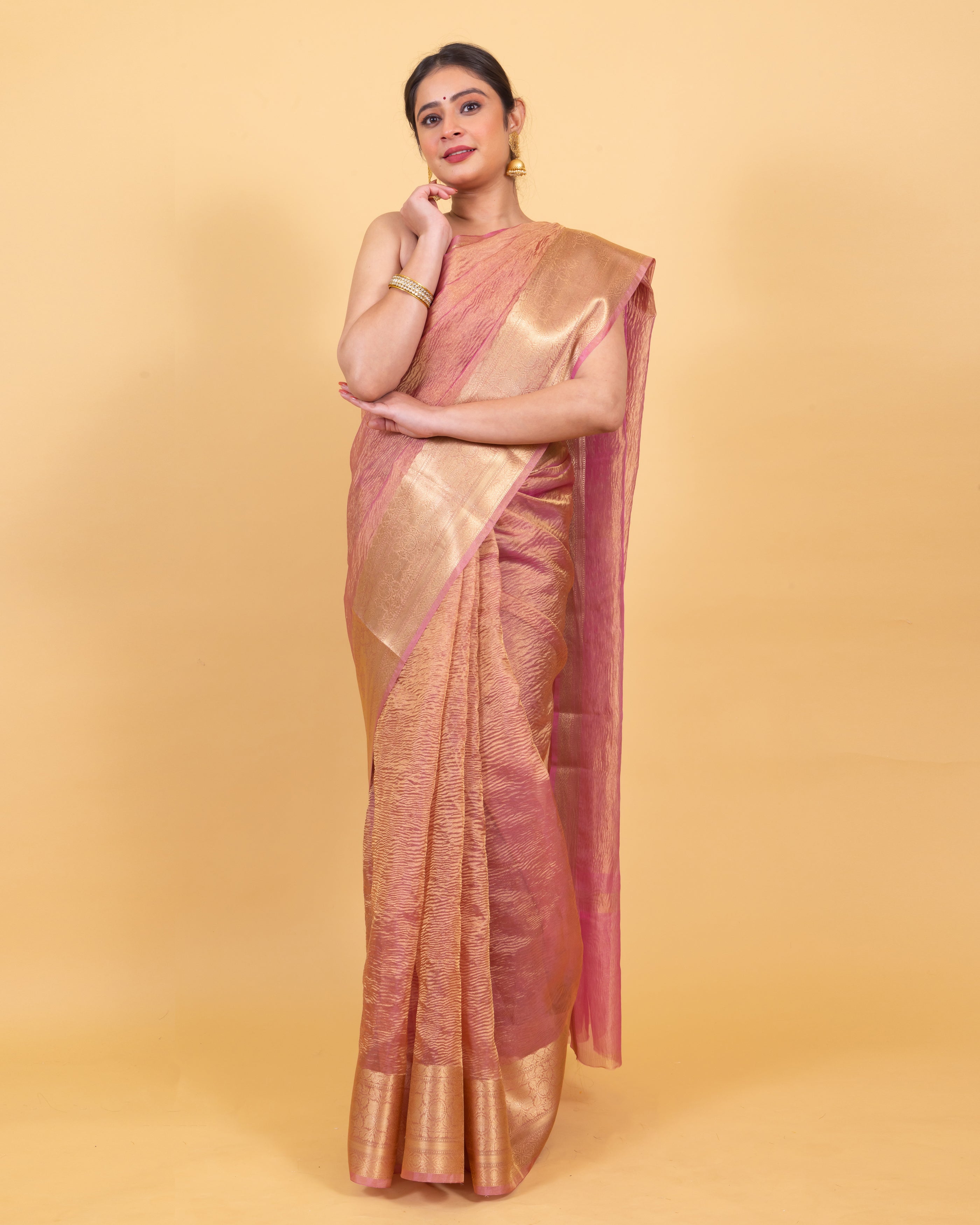 Baby Pink Crushed Tissue Silk Saree | Banarasi Woven Saree