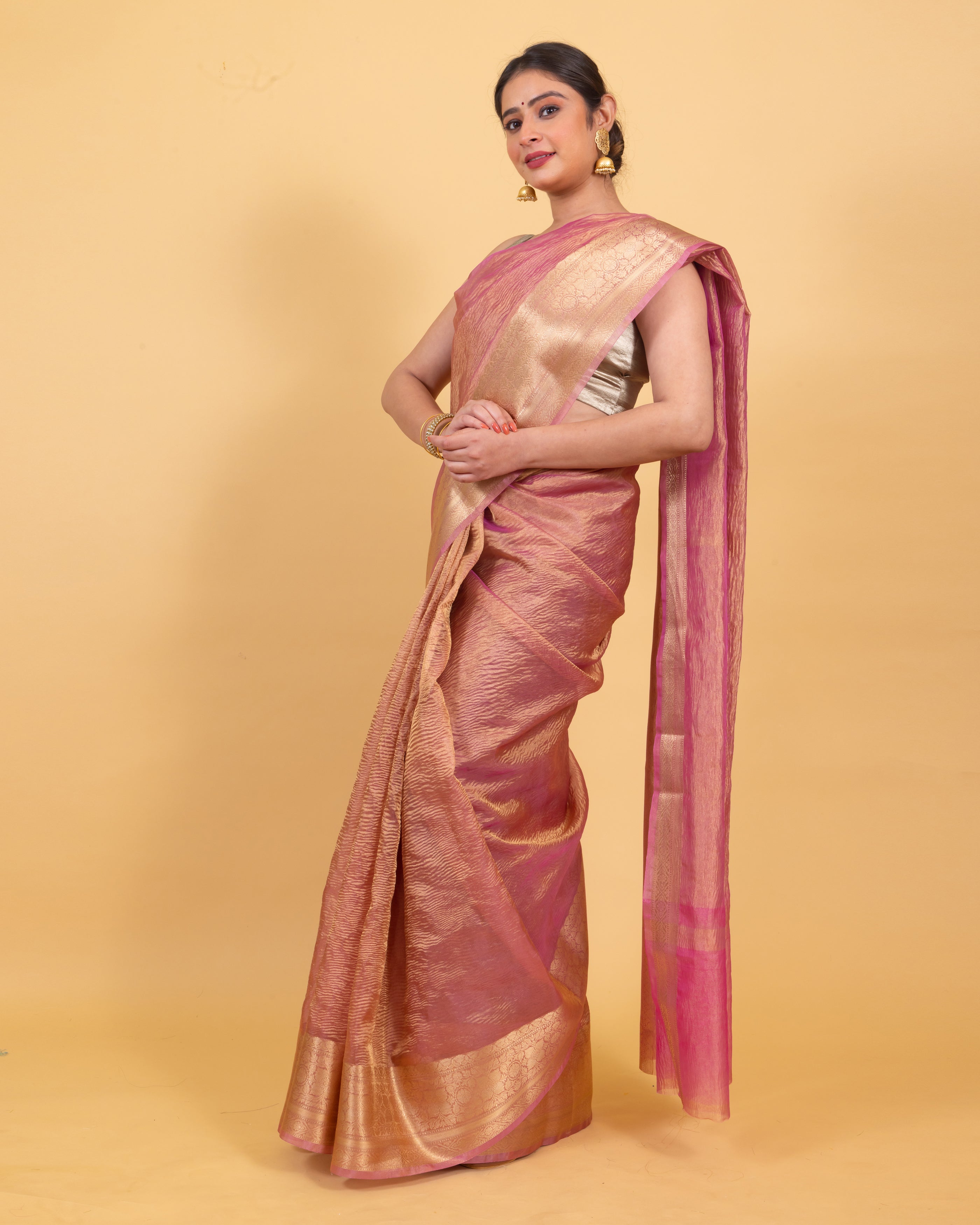Baby Pink Crushed Tissue Silk Saree | Banarasi Woven Saree
