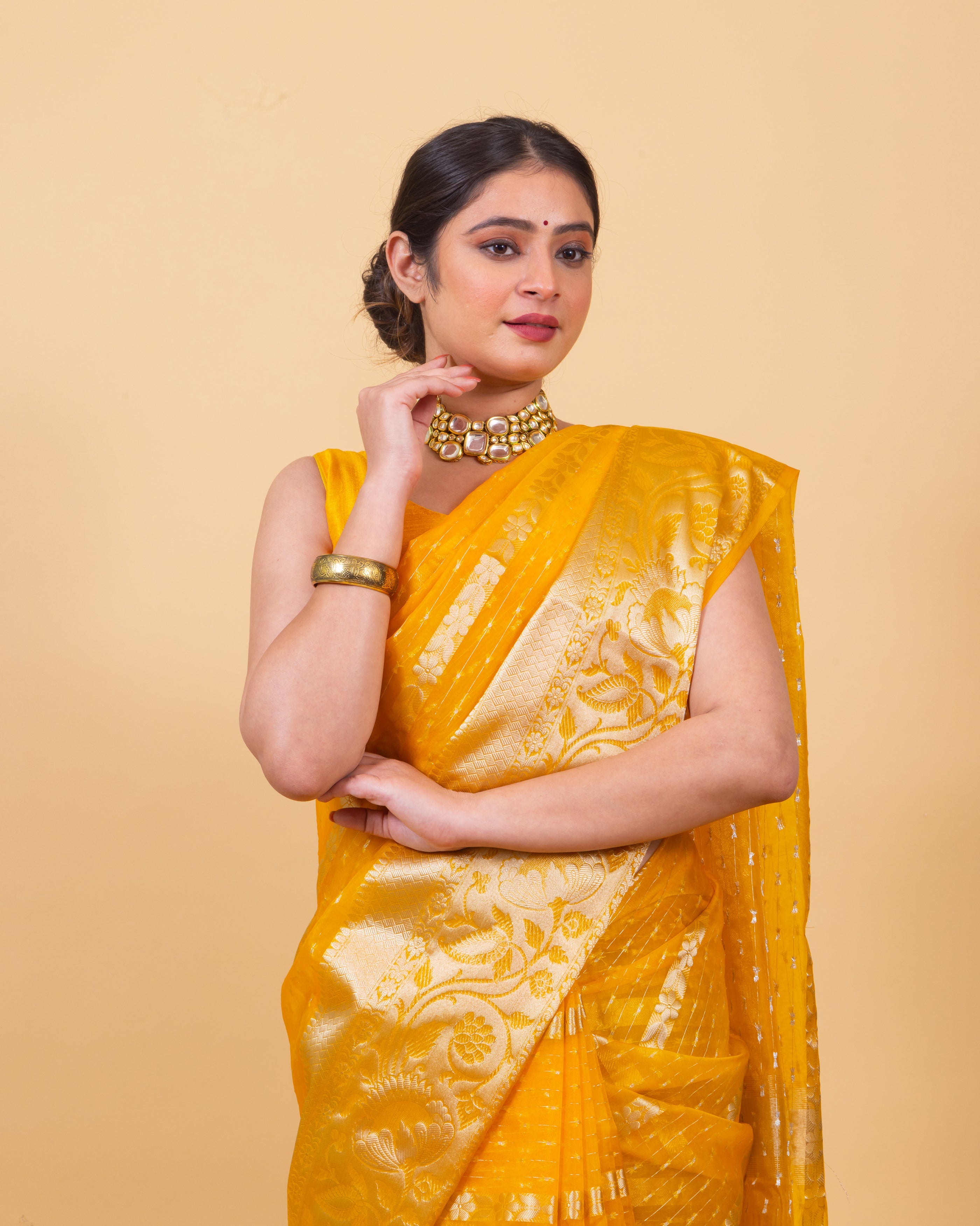 Golden Yellow Banarasi Organza Stripe Pattern Saree | Soft & Elegant