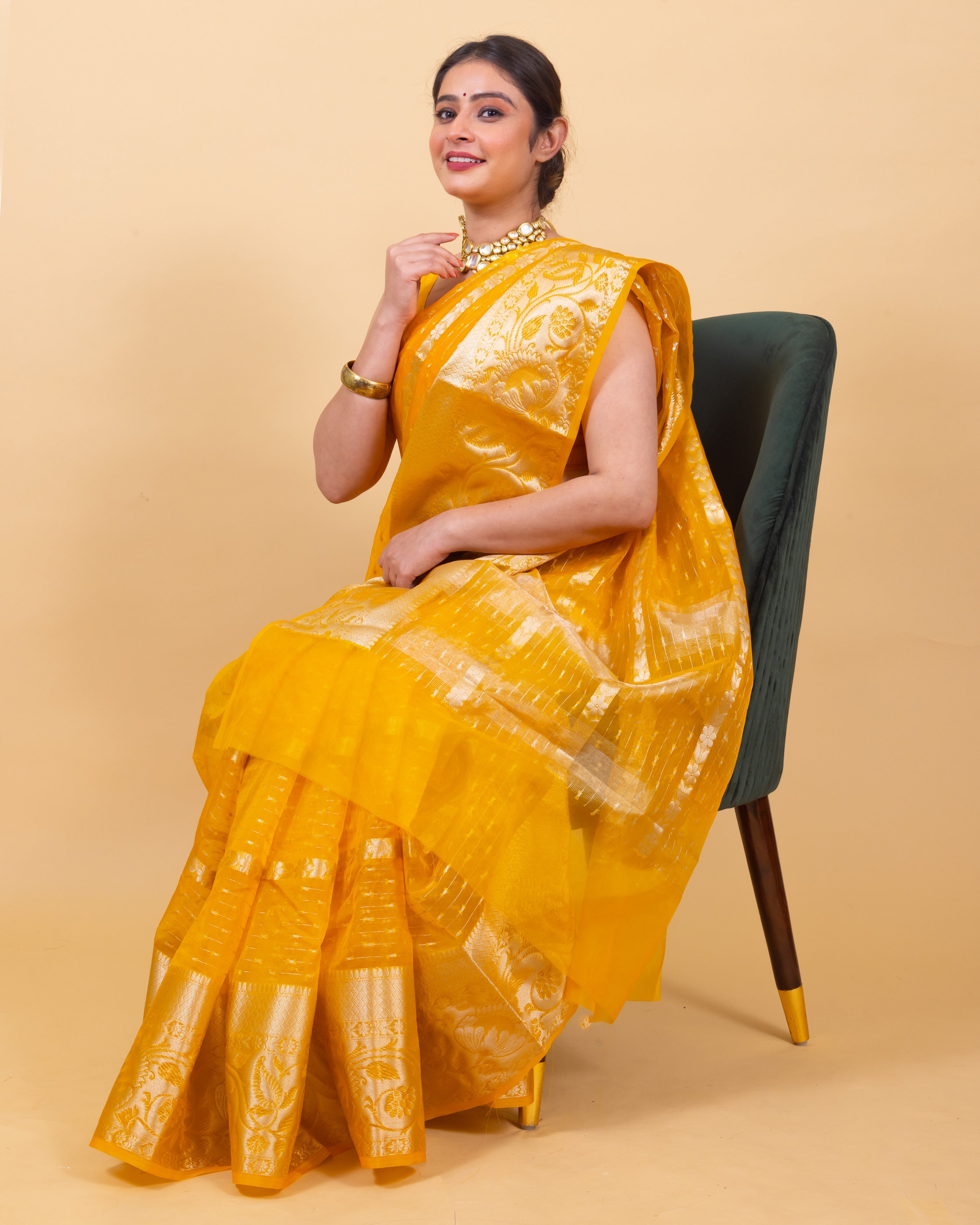 Golden Yellow Banarasi Organza Stripe Pattern Saree | Soft & Elegant
