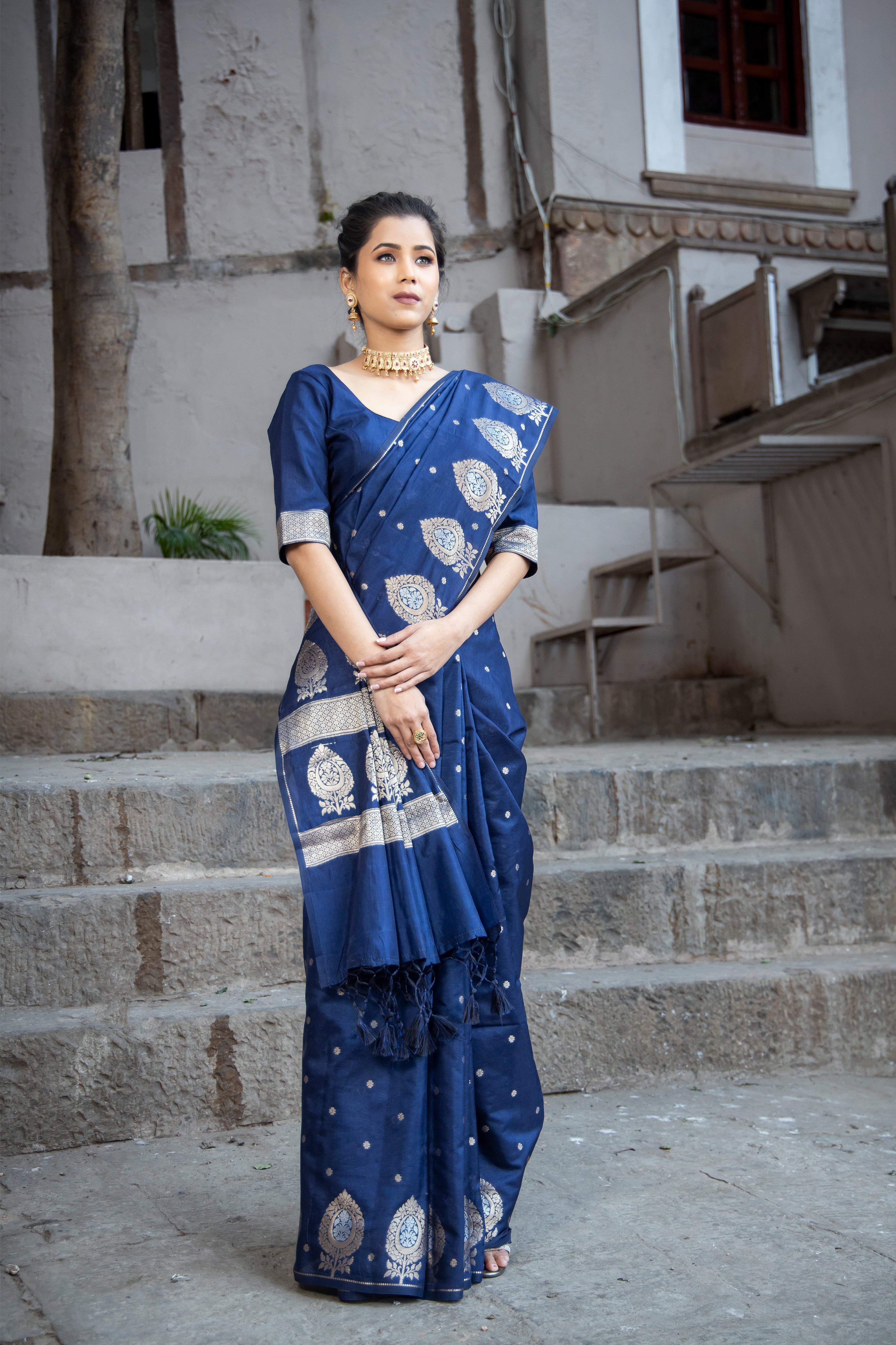 German Blue Alfi Motif Banarasi Zari Border Saree And Pallu