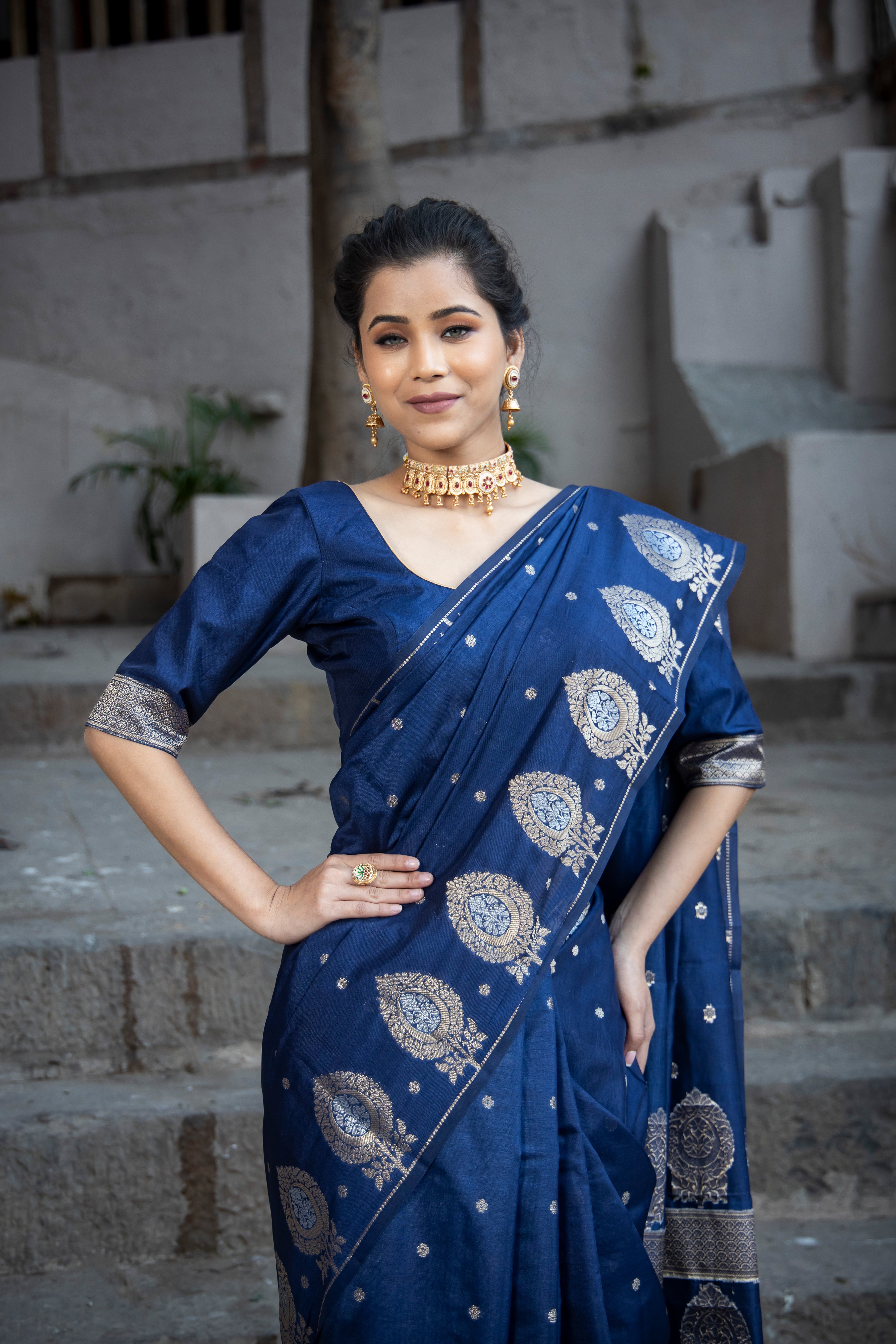 German Blue Alfi Motif Banarasi Zari Border Saree And Pallu