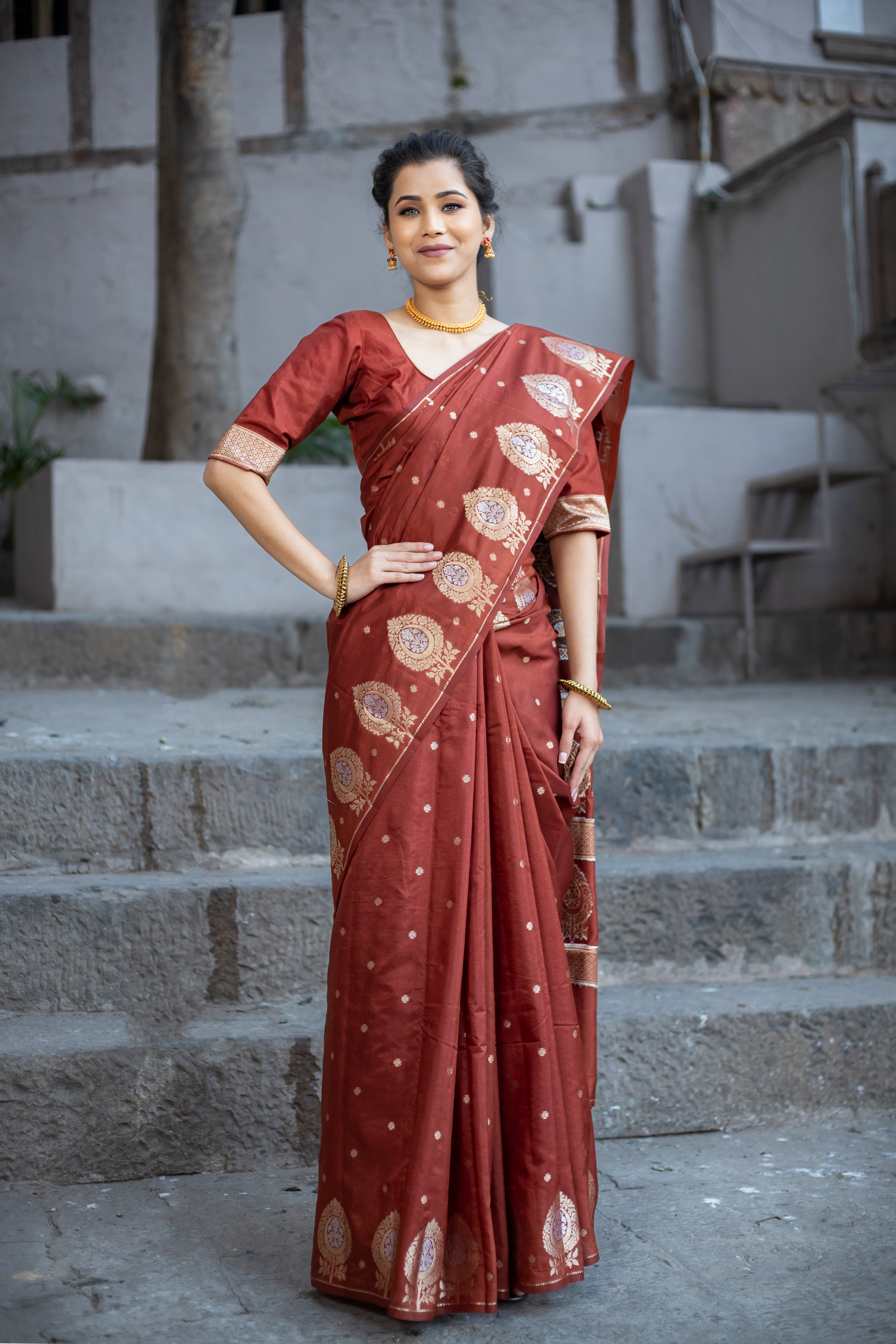 Maroon Brown Alfi Motif Banarasi Zari Border Saree And Pallu