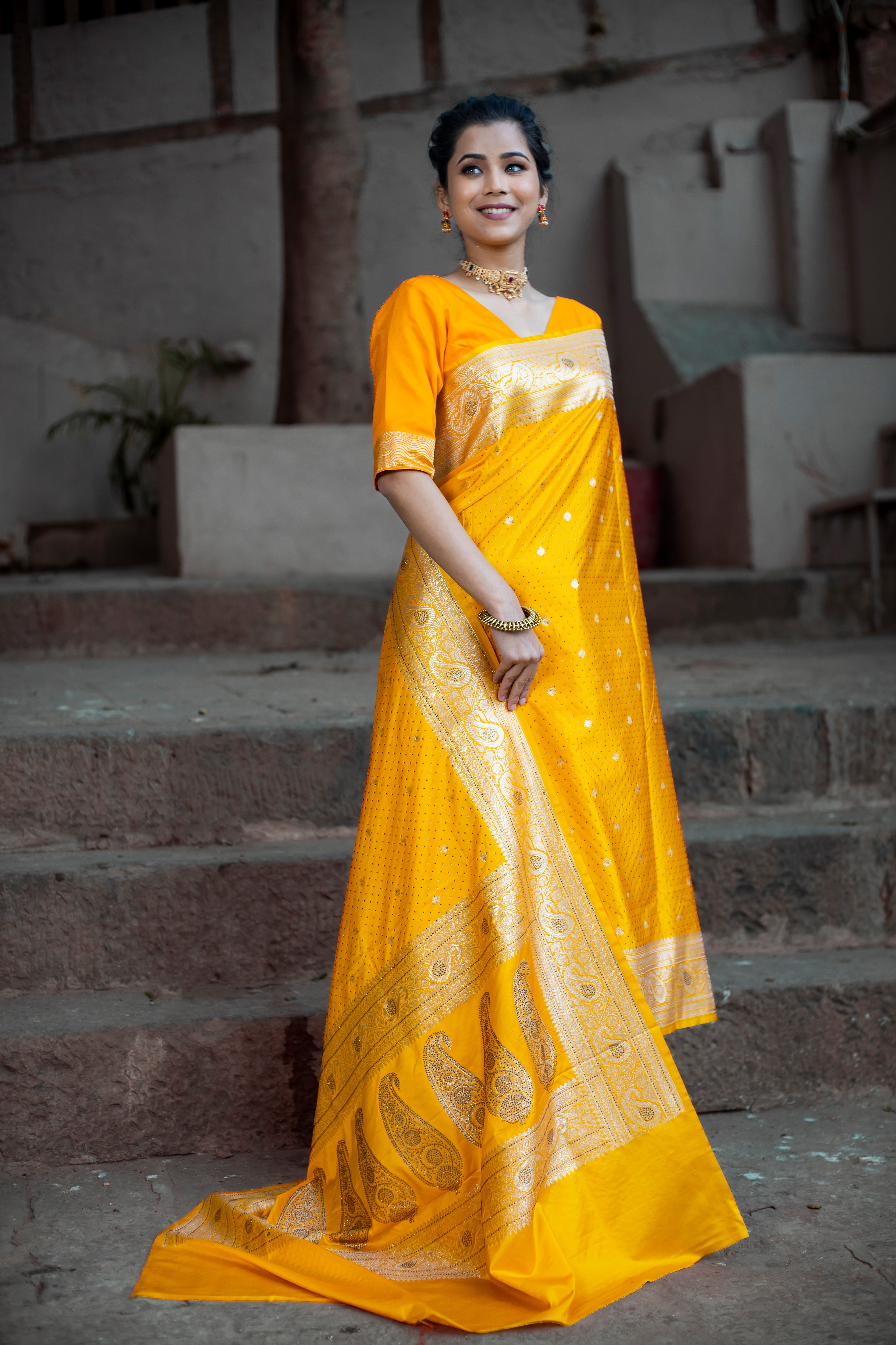 Yellow Golden Siroski Intricate Stone Work Banarasi Mashru Silk Saree