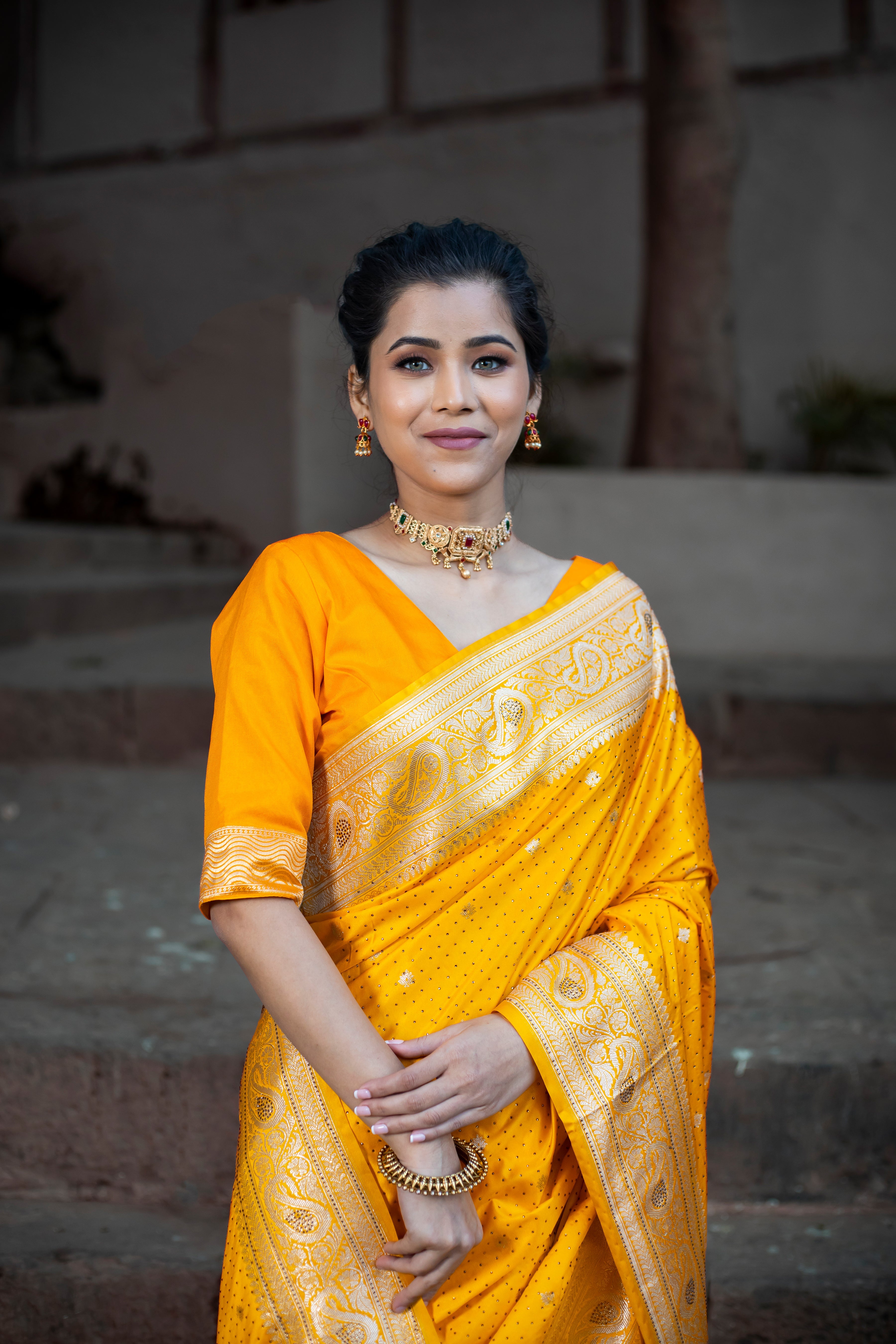 Yellow Golden Siroski Intricate Stone Work Banarasi Mashru Silk Saree