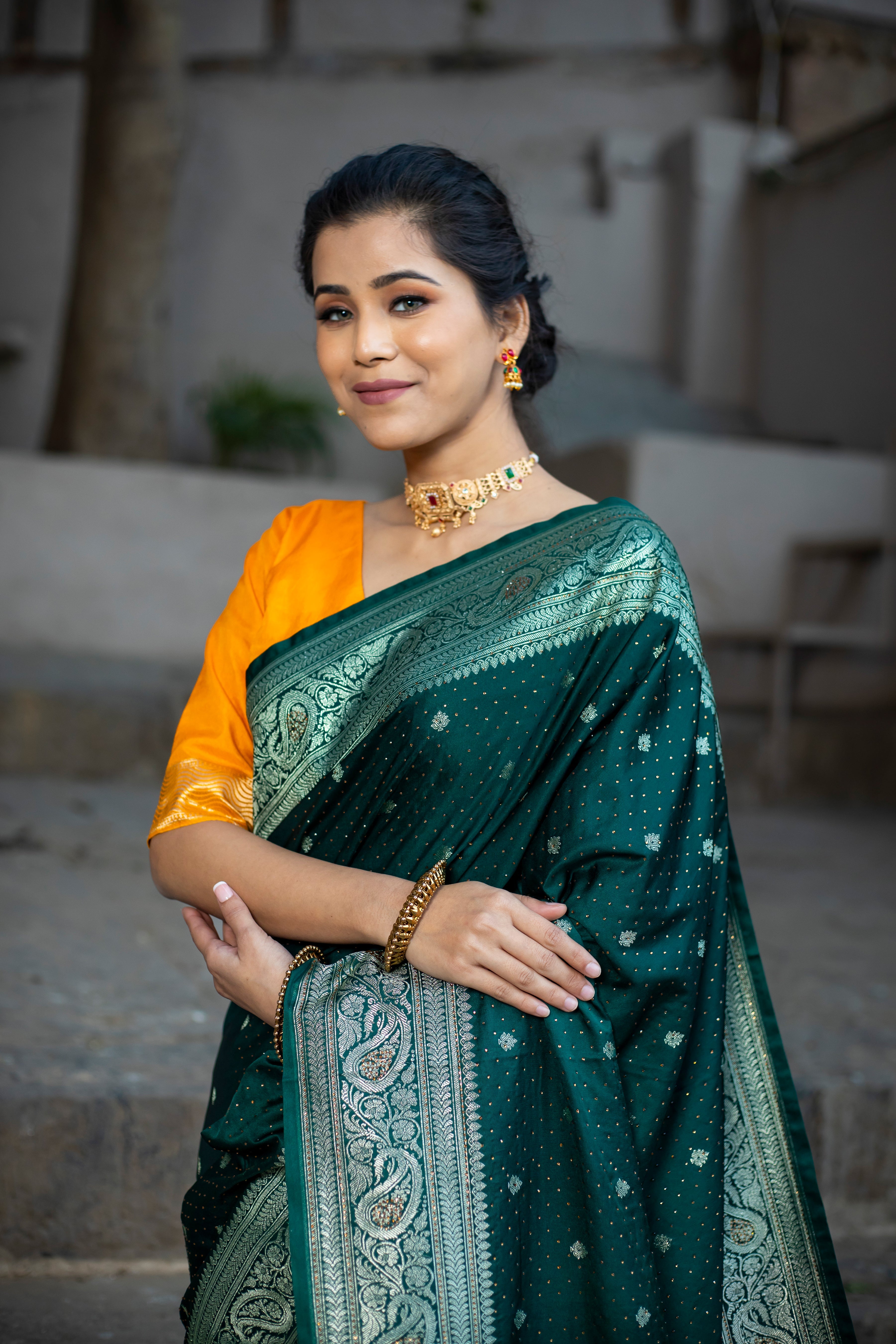 Bottle Green Siroski Intricate Stone Work Banarasi Mashru Silk Saree