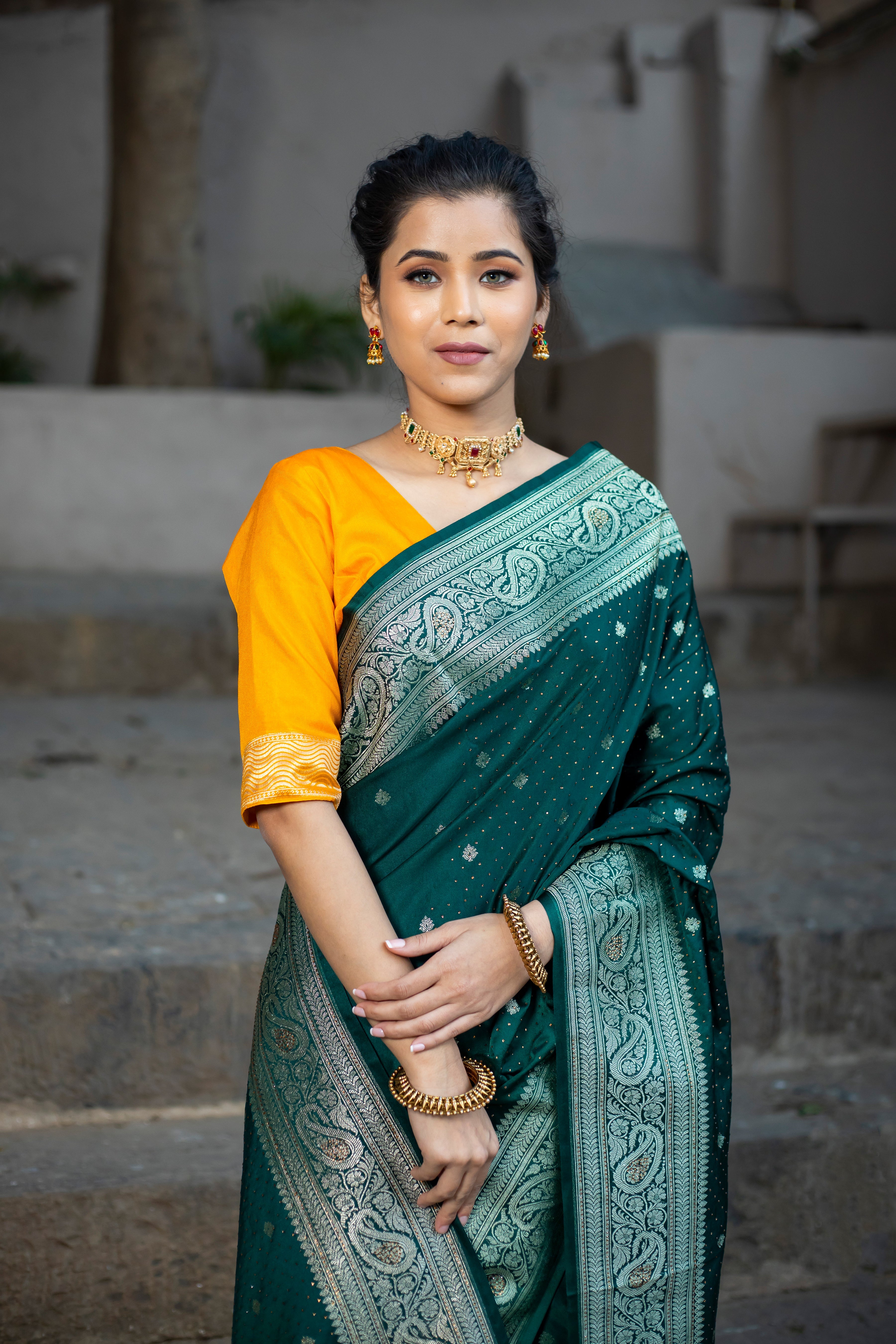 Bottle Green Siroski Intricate Stone Work Banarasi Mashru Silk Saree