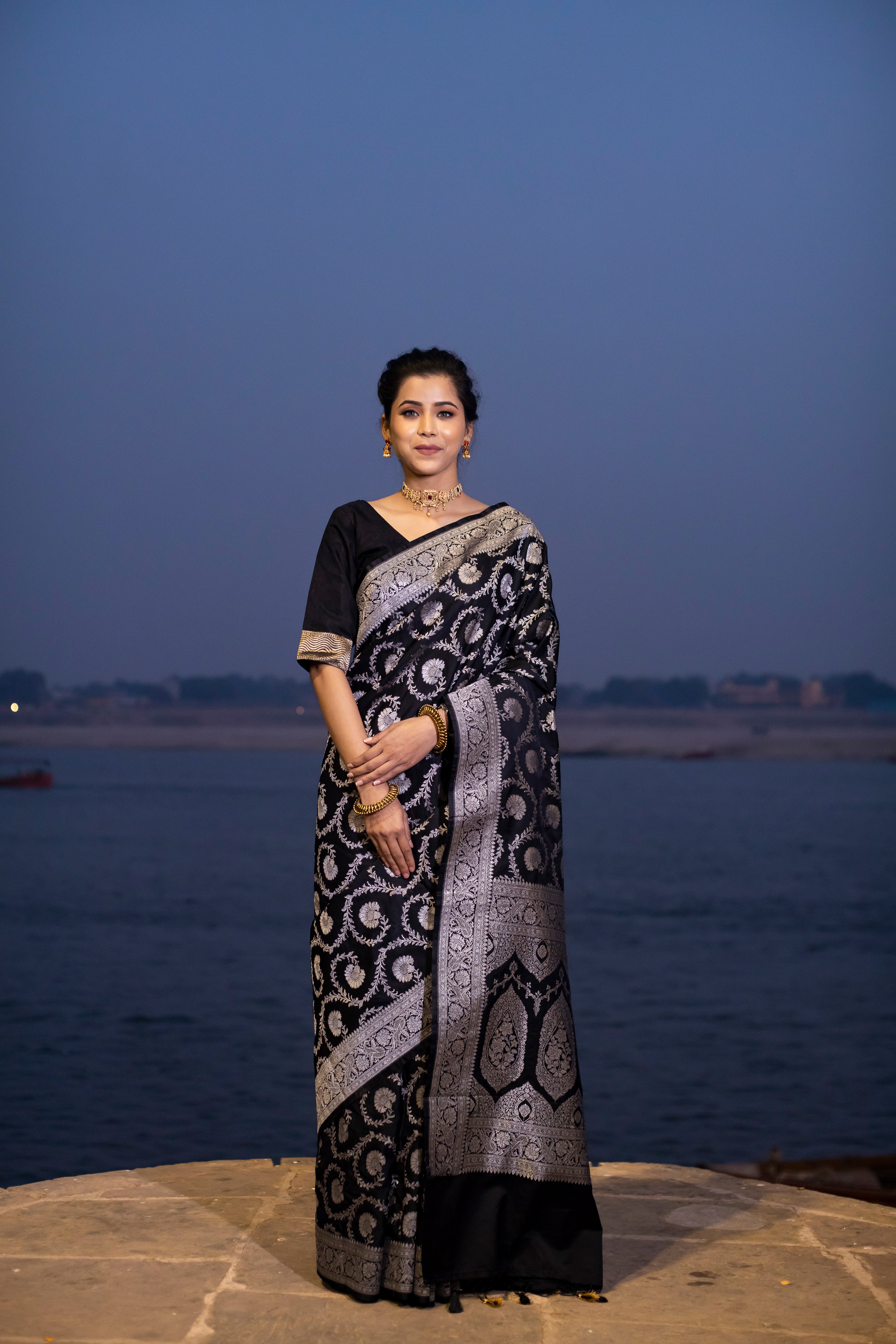 Black Floral Jaal Banarasi Mashru Silk Saree | Soft & Elegant