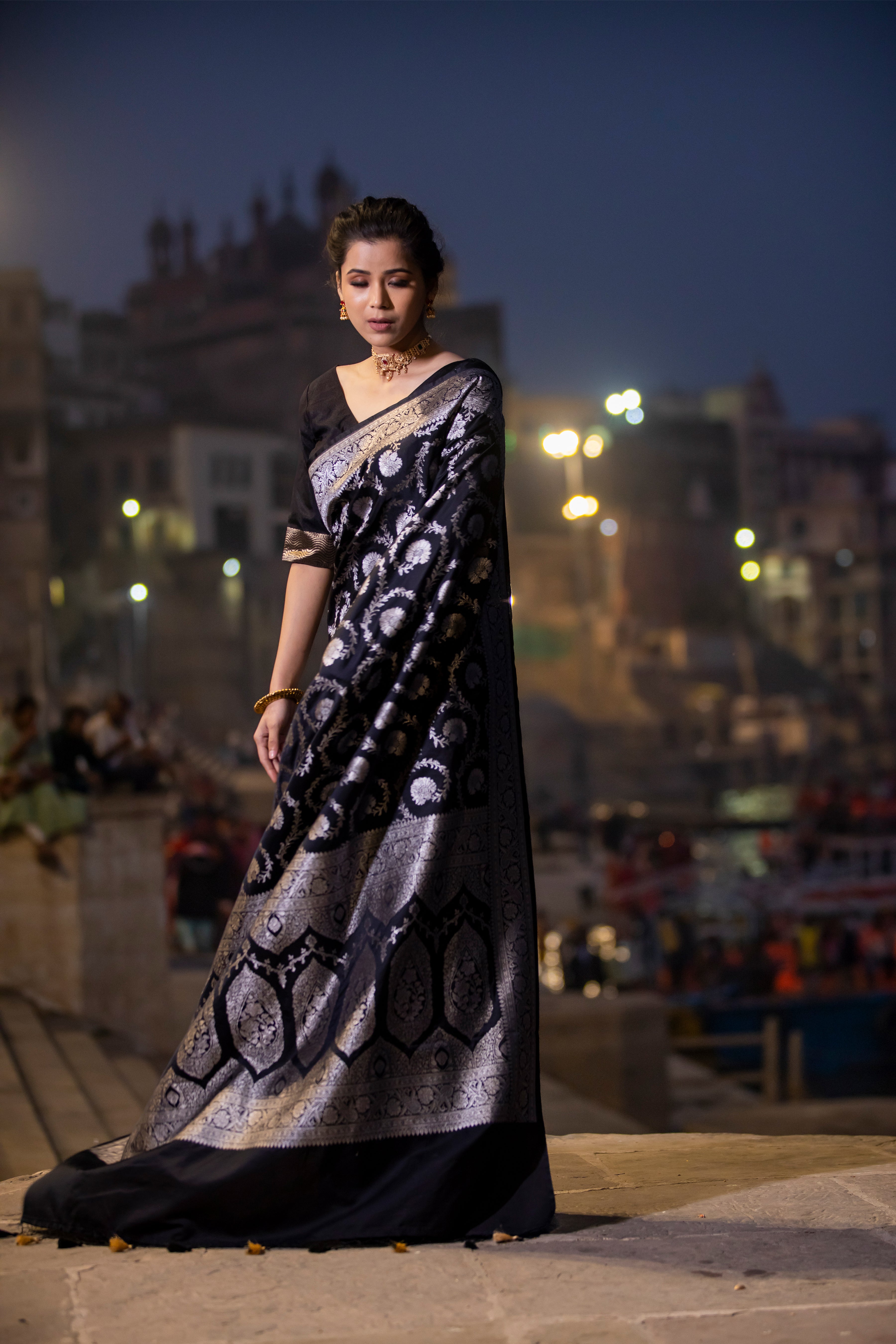 Black Floral Jaal Banarasi Mashru Silk Saree | Soft & Elegant