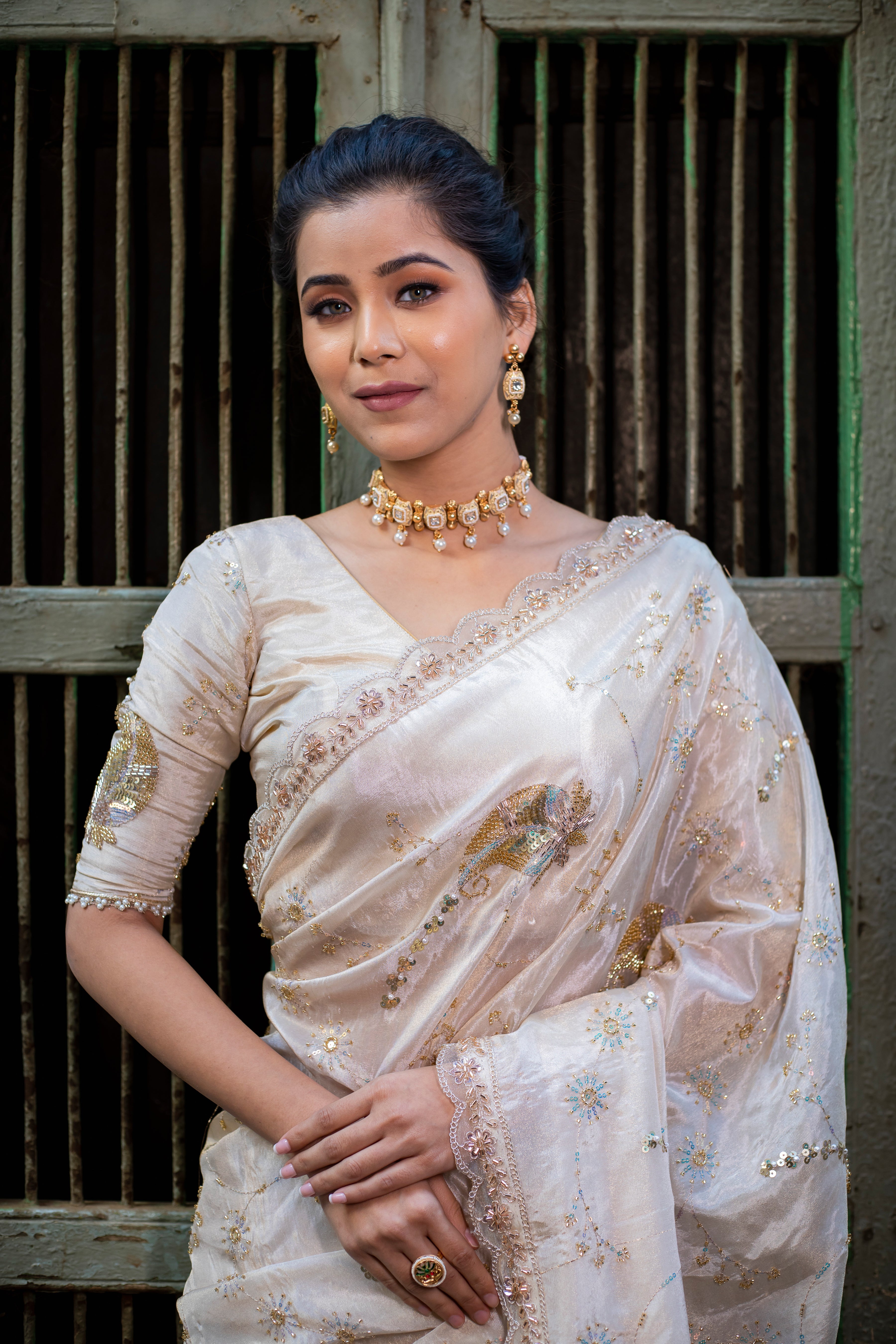 Exquisite Banarasi Katdana work designer pure tissue crape silk saree