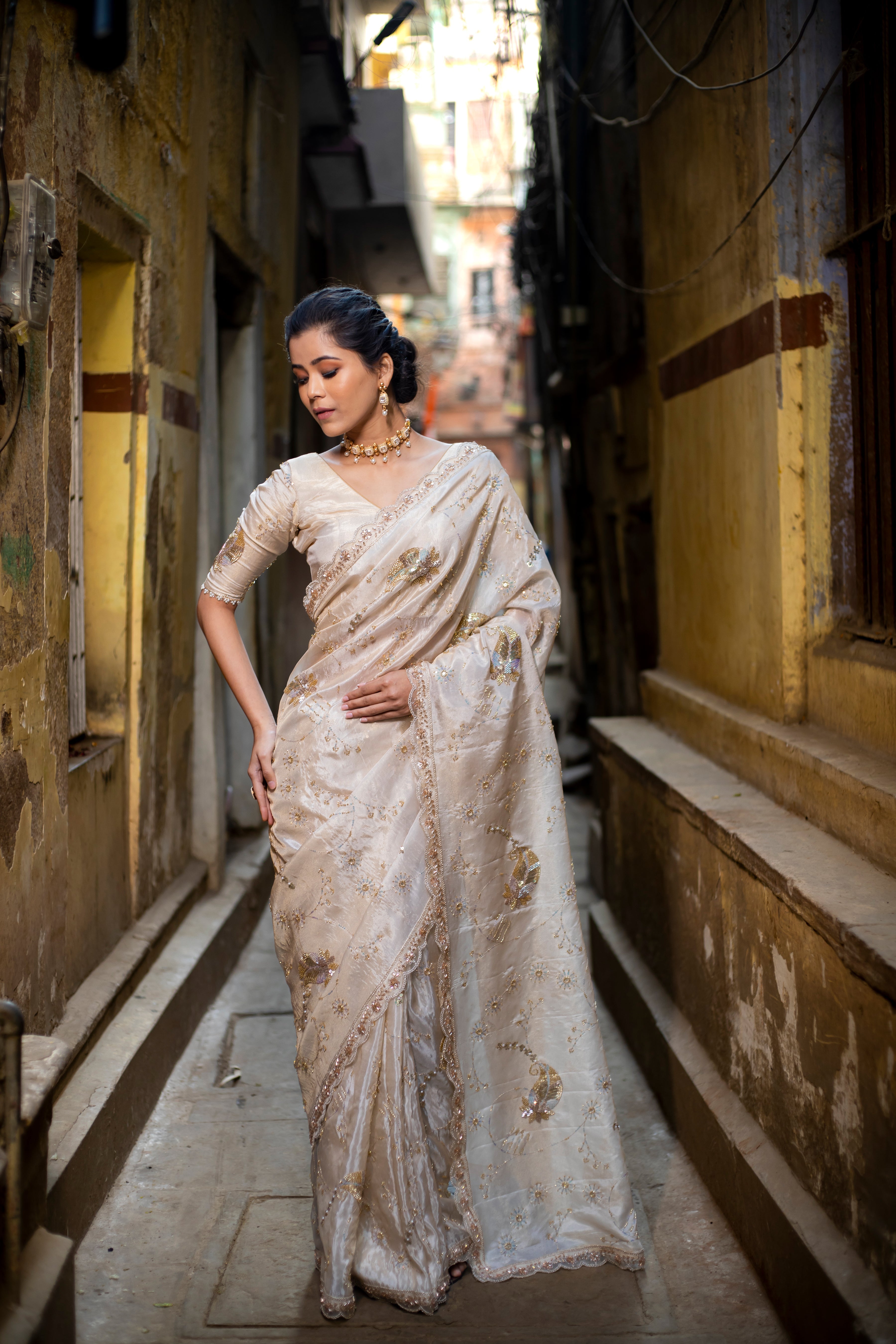 Exquisite Banarasi Katdana work designer pure tissue crape silk saree