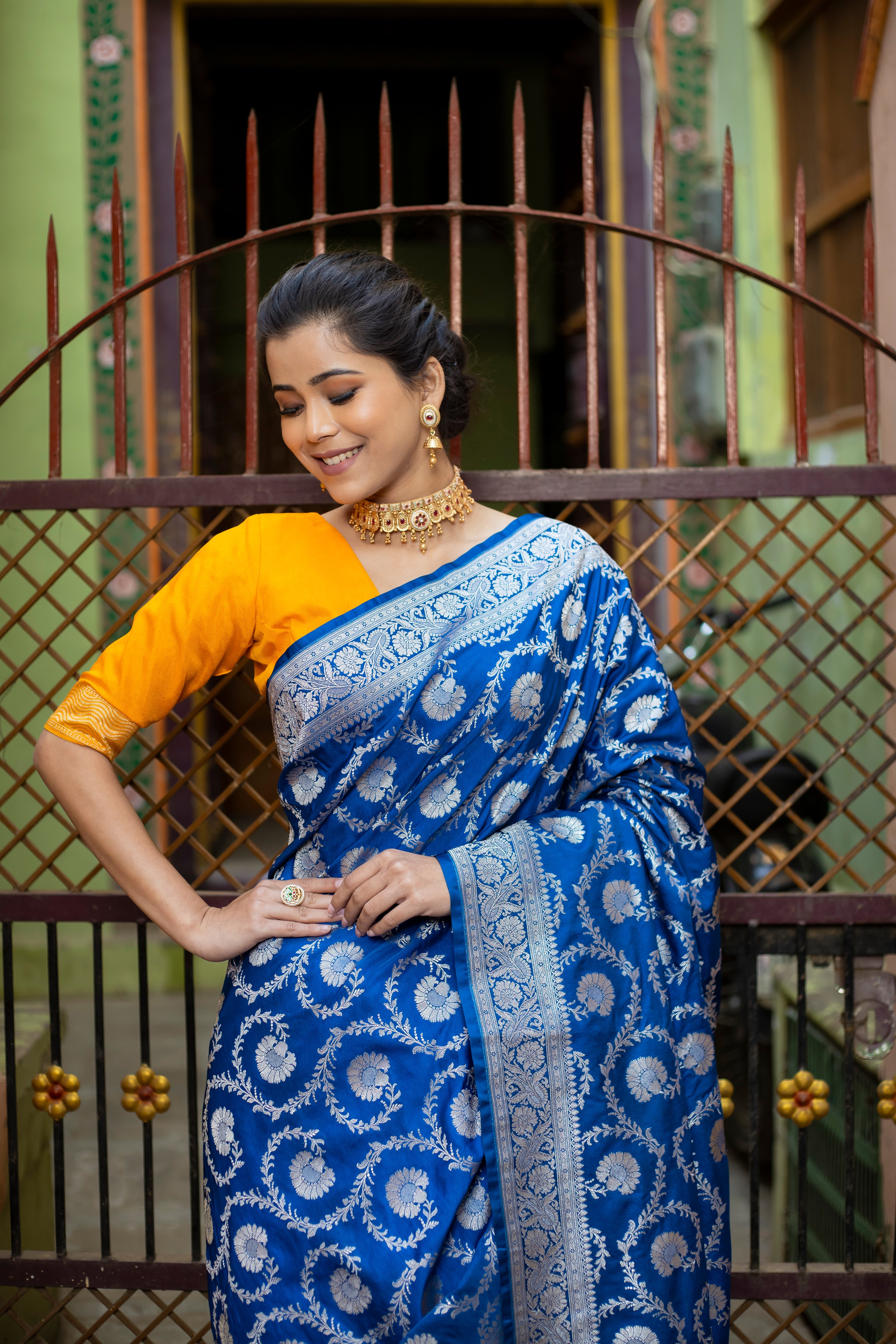 German Blue Floral Jaal Banarasi Mashru Silk Saree | Soft & Elegant