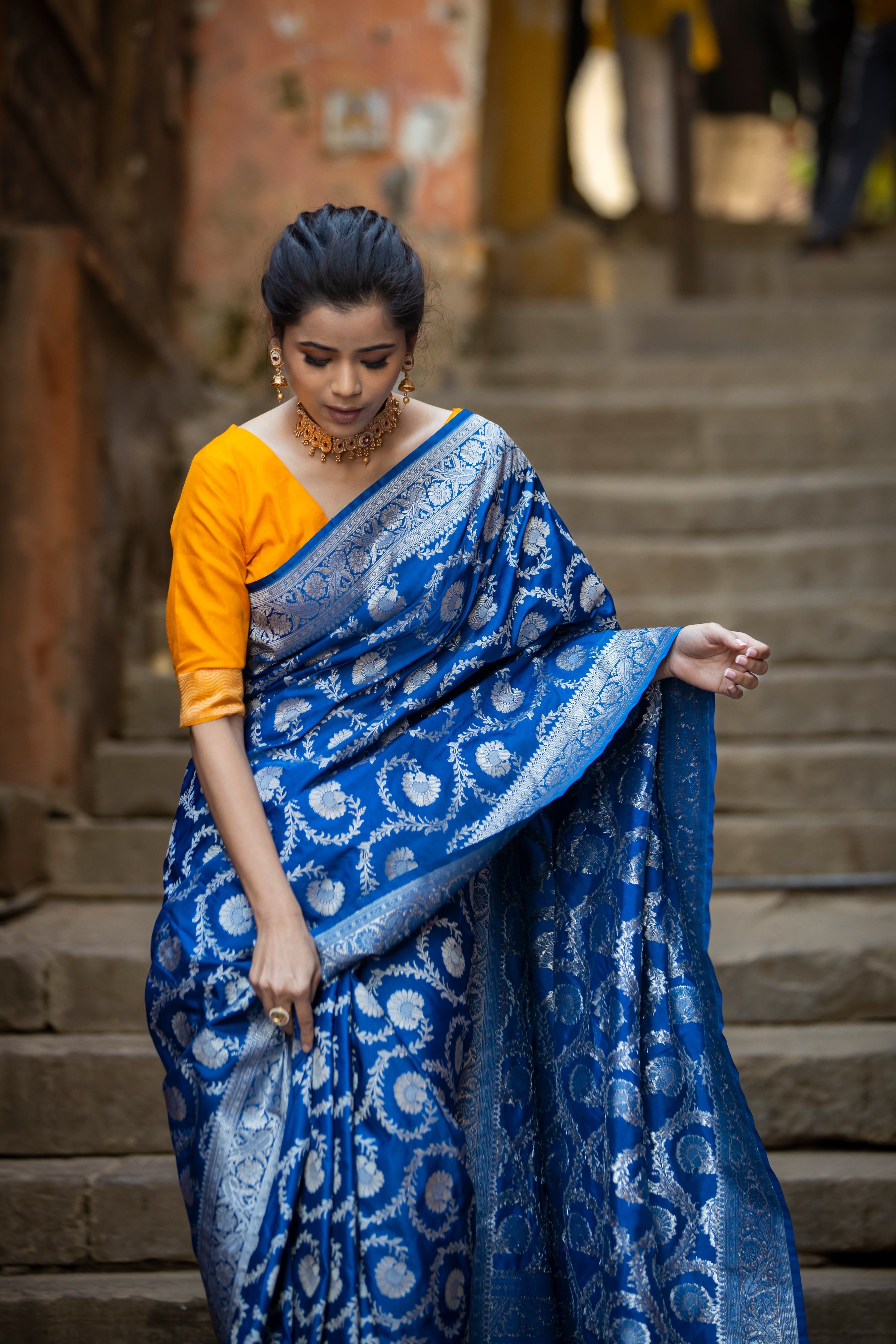 German Blue Floral Jaal Banarasi Mashru Silk Saree | Soft & Elegant