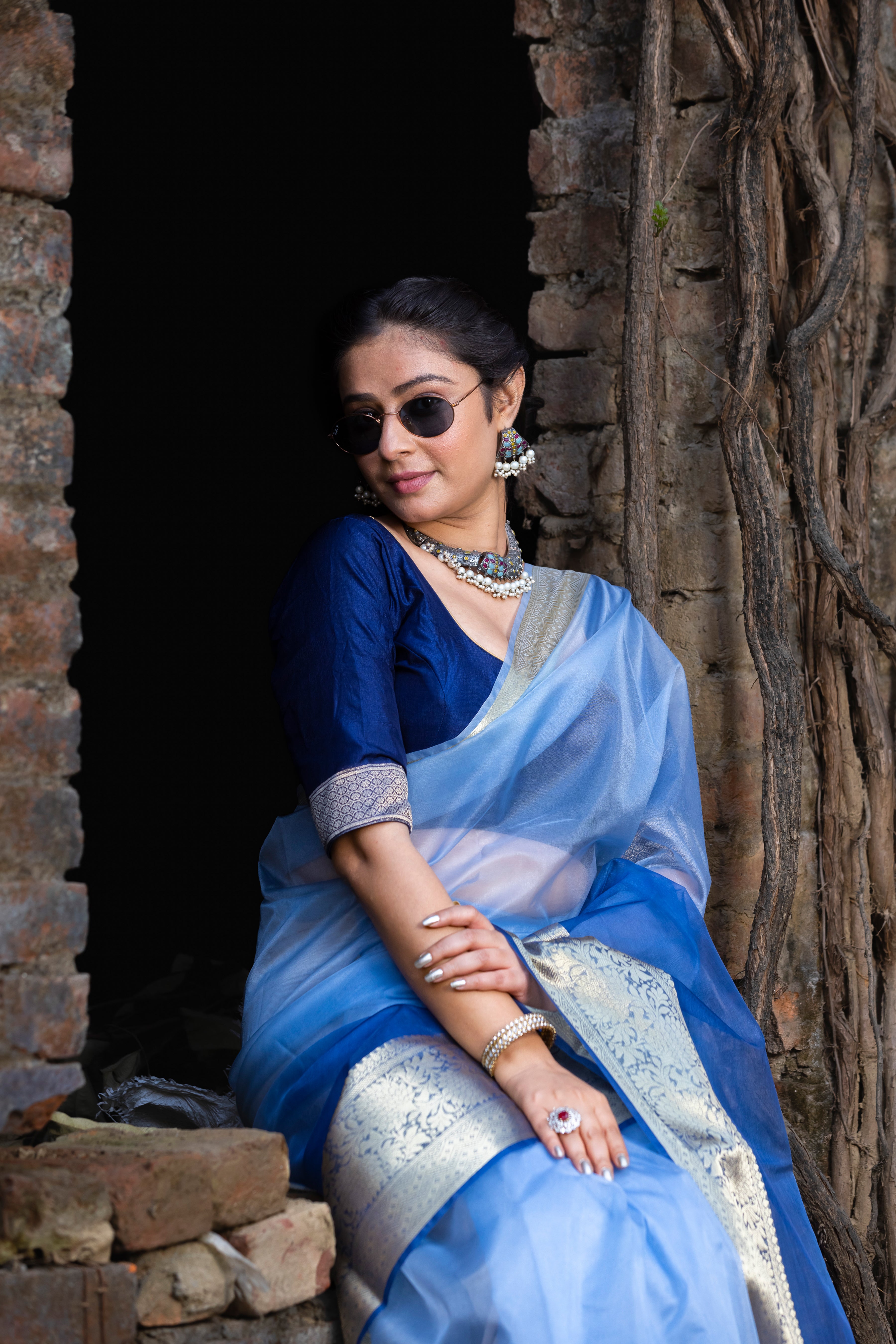 Subtle Blue Banarasi Woven Soft Organza Skirt Border Saree