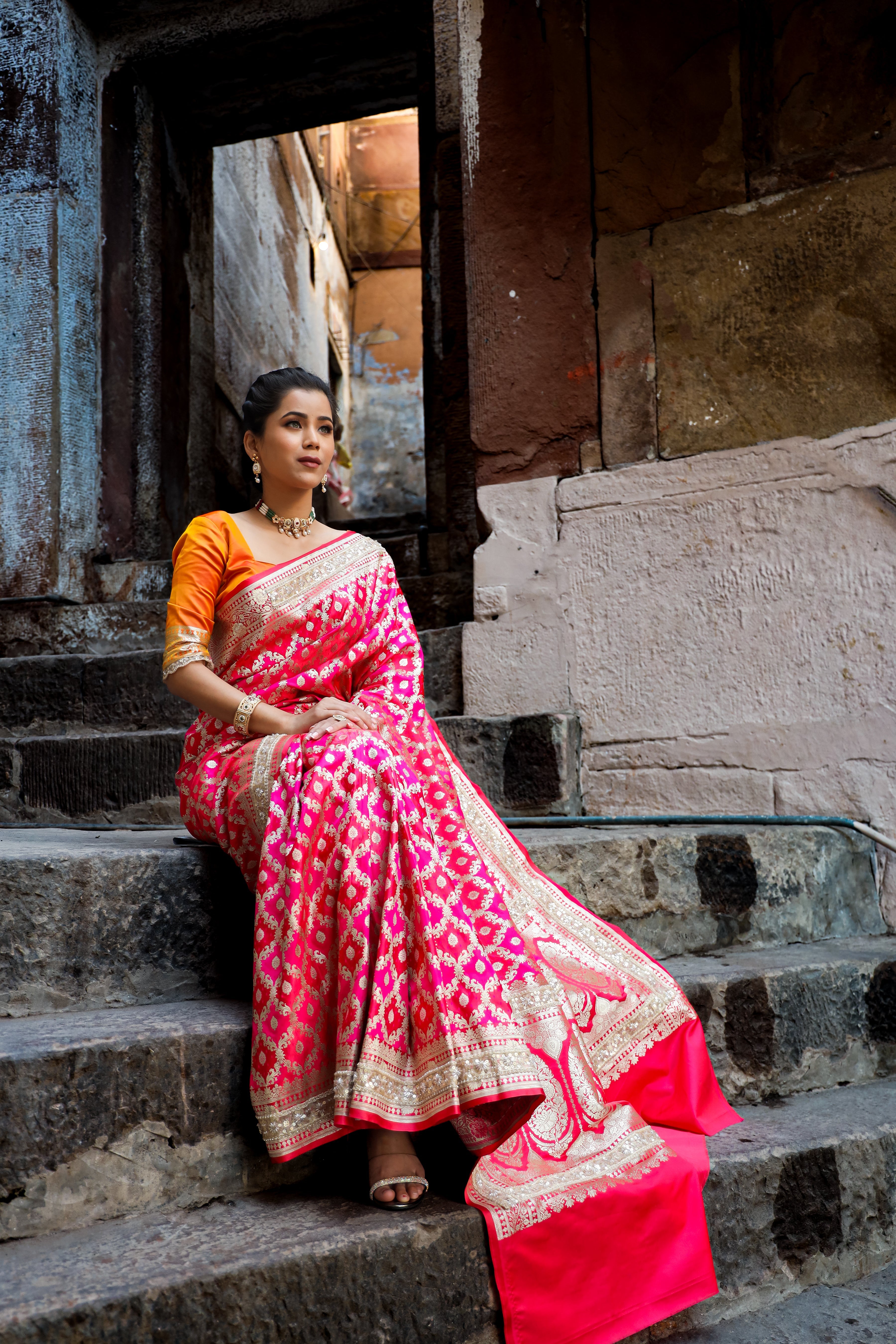 Rani-Red  Rangkaat Banarasi Mashru Silk Saree | Designer Gota Patti Work Saree