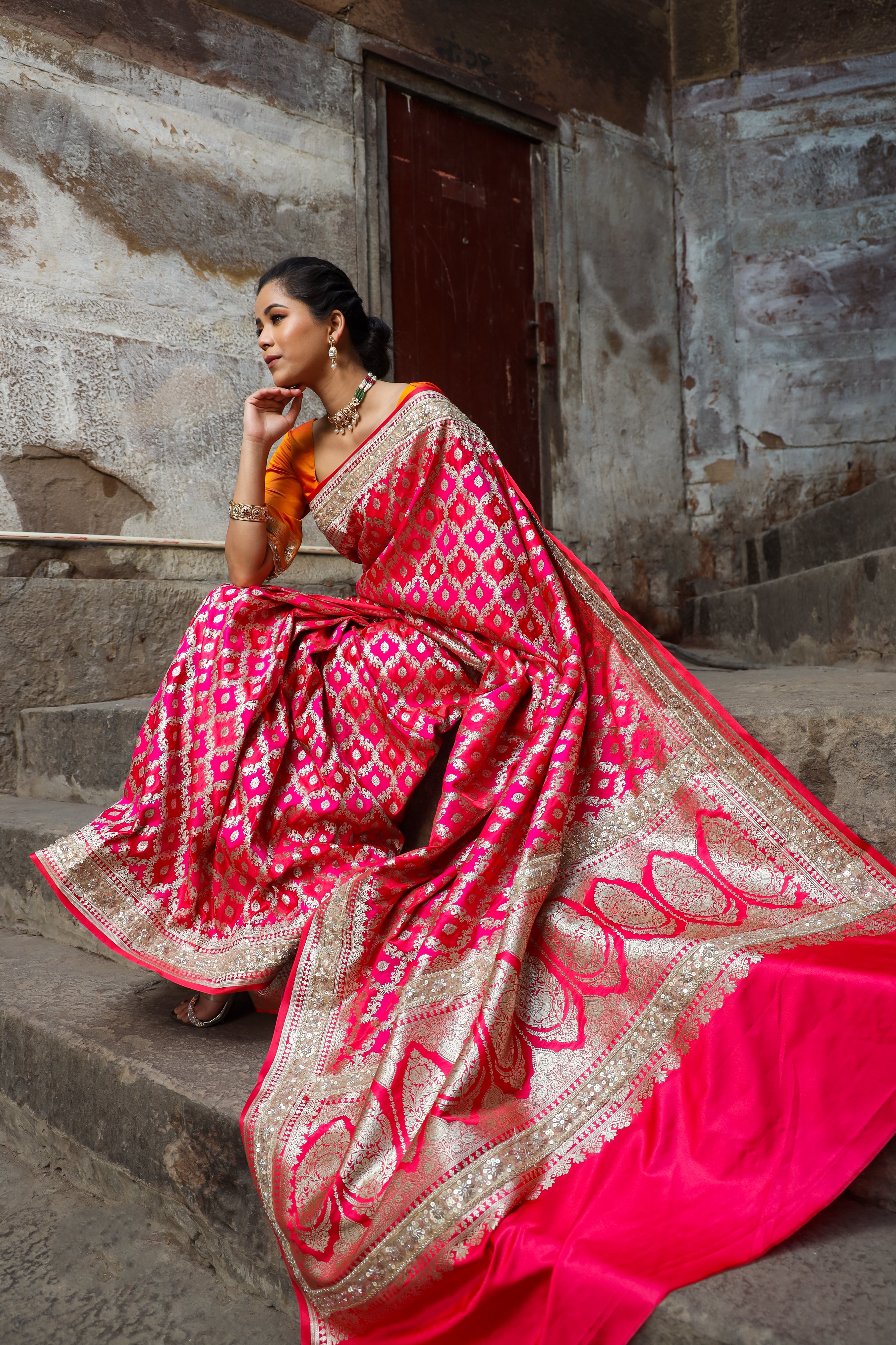 Rani-Red  Rangkaat Banarasi Mashru Silk Saree | Designer Gota Patti Work Saree