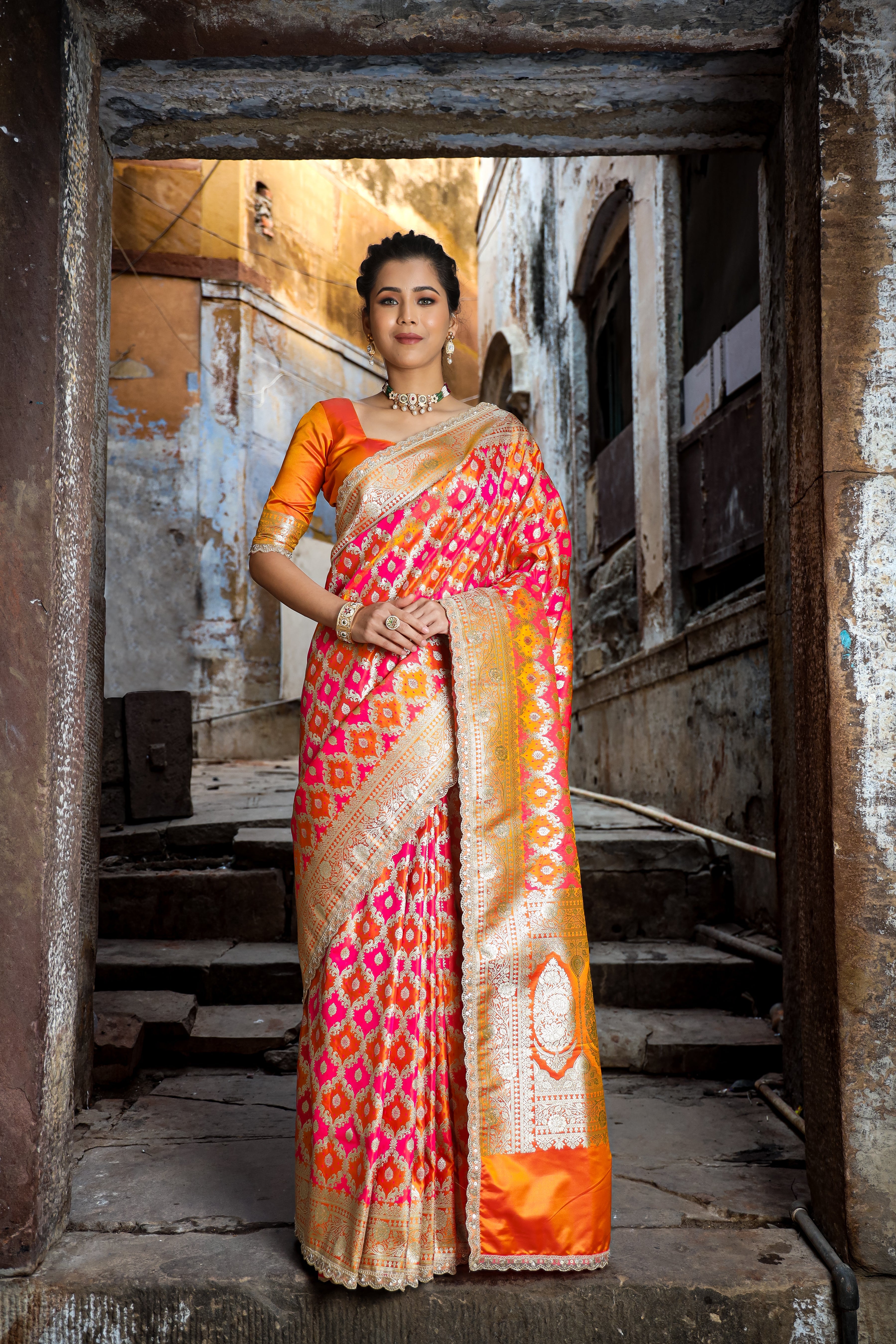 Mustard-Rani Rangkaat Banarasi Mashru Silk Saree | Designer Gota Patti Work Saree