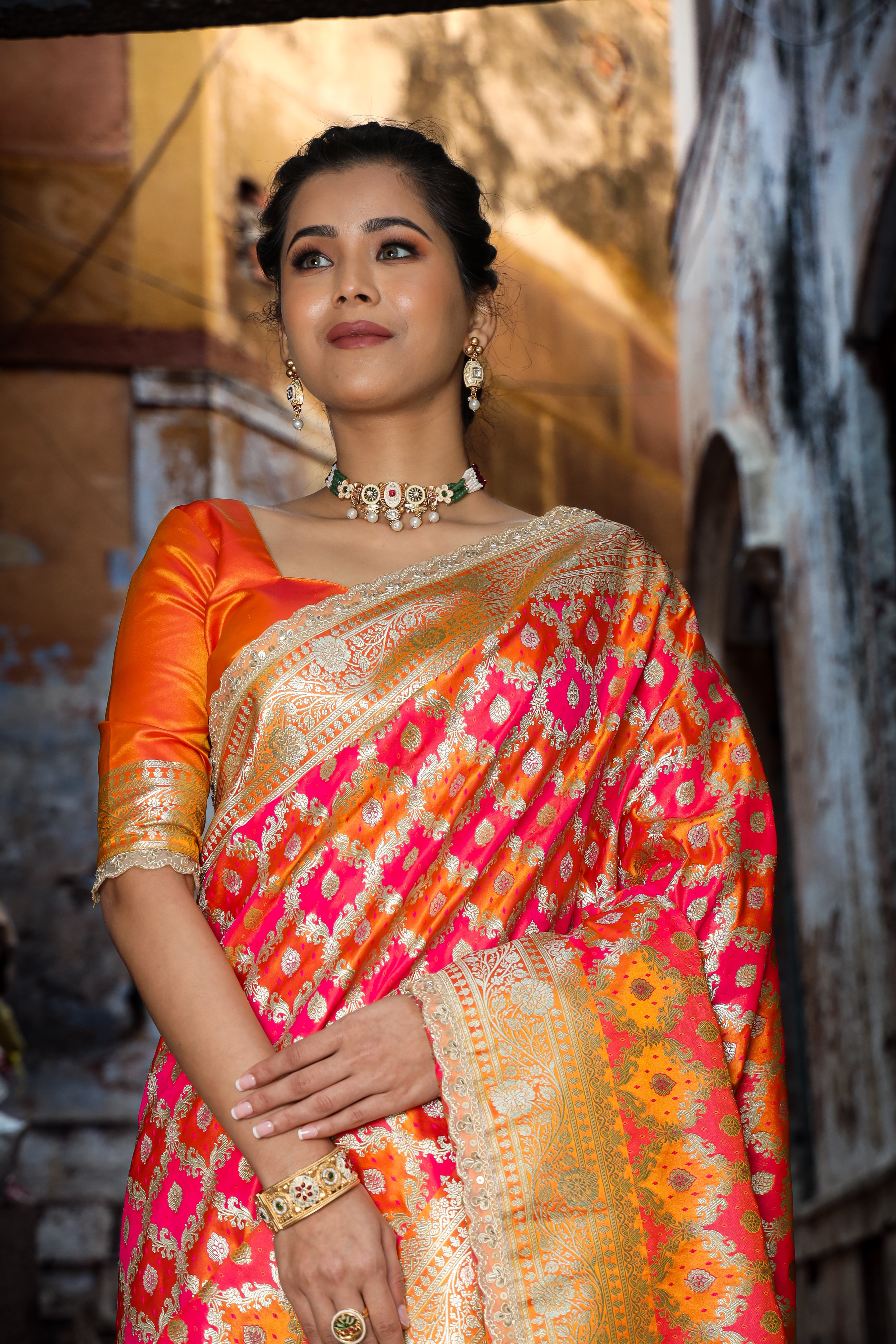 Mustard-Rani Rangkaat Banarasi Mashru Silk Saree | Designer Gota Patti Work Saree